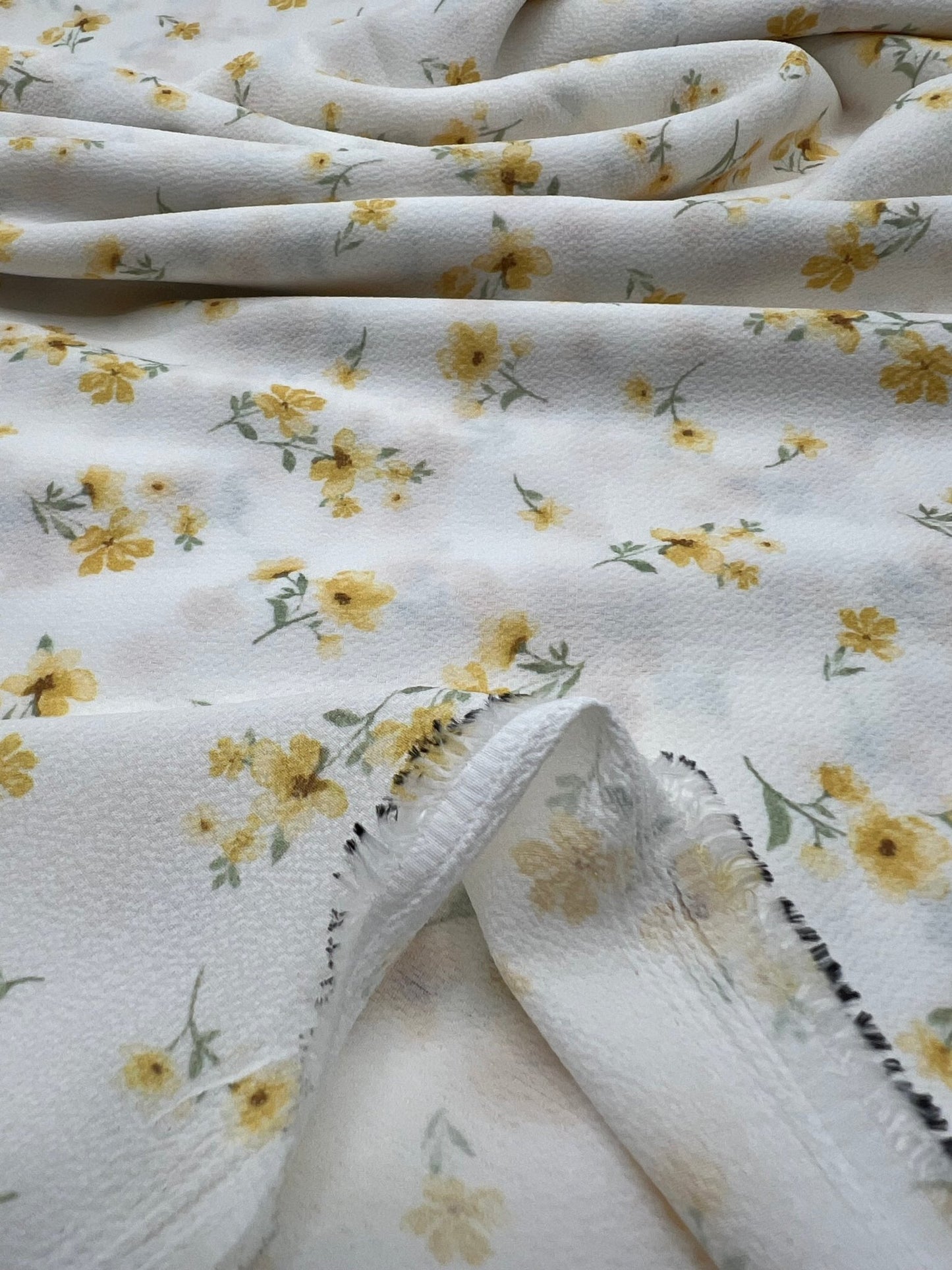 White Ditsy Yellow Floral Print Lightweight Bubble Crepe Fabric - T9 Fabrics