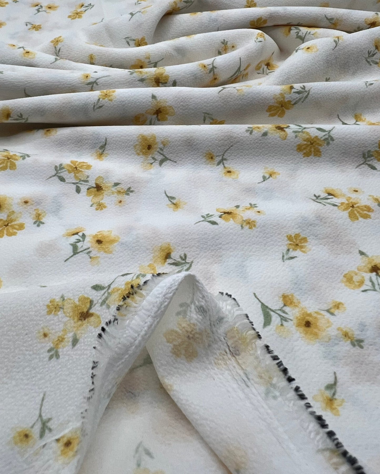 White Ditsy Yellow Floral Print Lightweight Bubble Crepe Fabric - T9 Fabrics