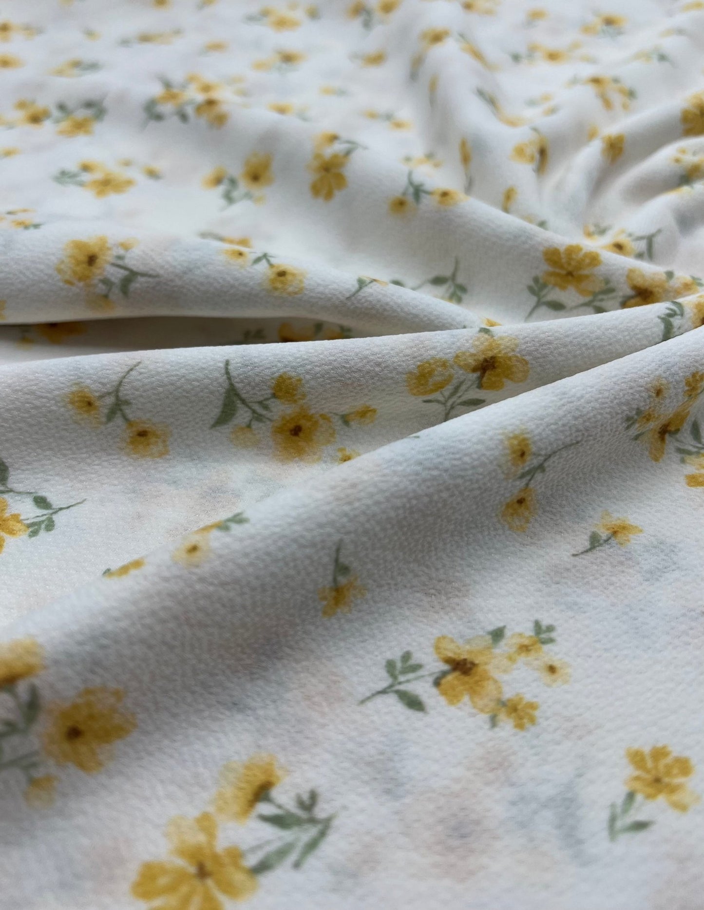 White Ditsy Yellow Floral Print Lightweight Bubble Crepe Fabric - T9 Fabrics