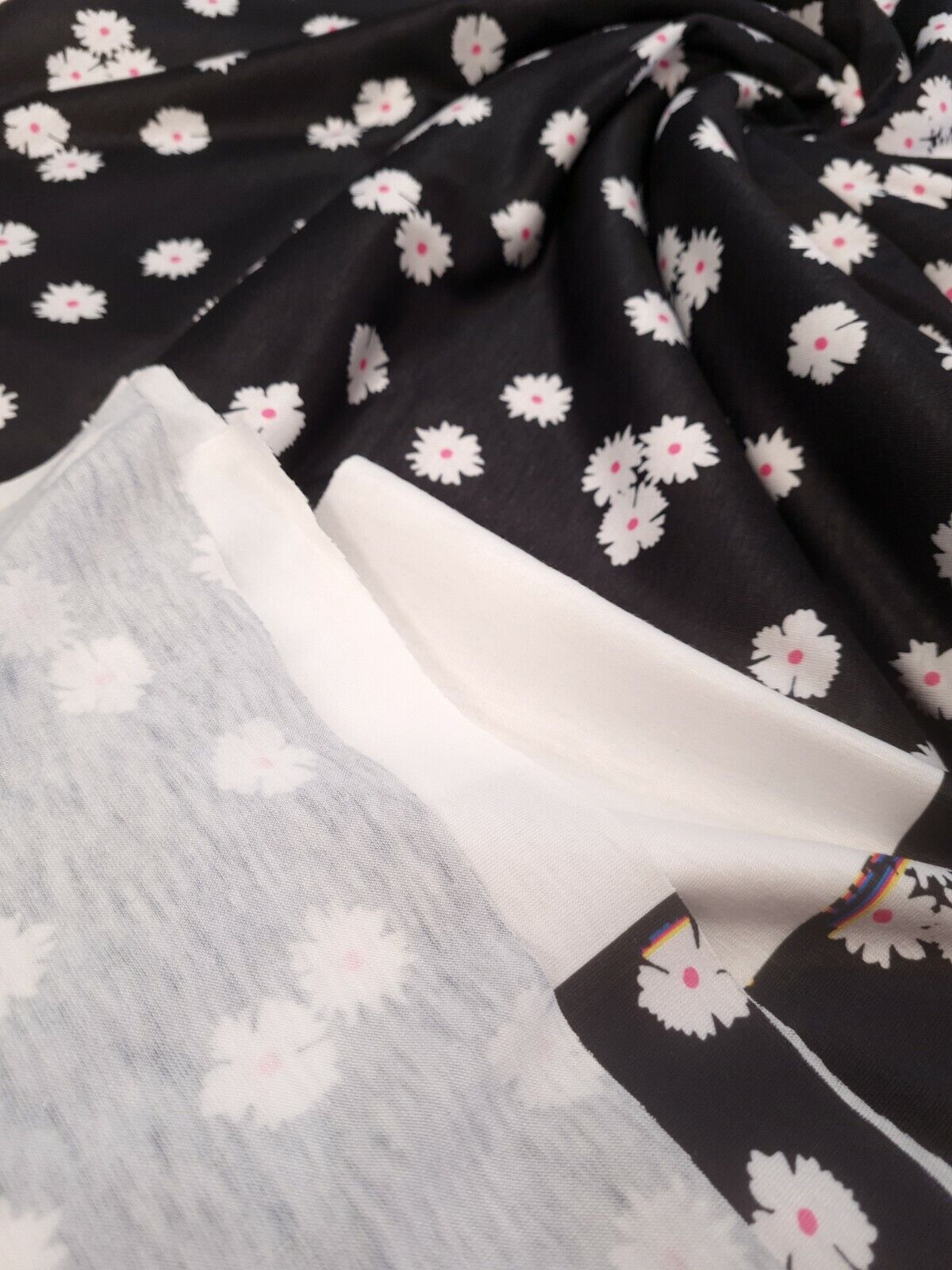 White Floral Pink Spot Print Spun Poly Stretch Fabric - T9 Fabrics