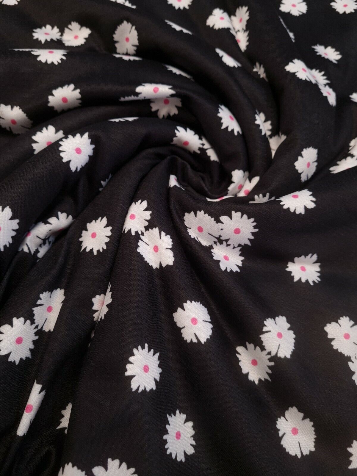 White Floral Pink Spot Print Spun Poly Stretch Fabric - T9 Fabrics