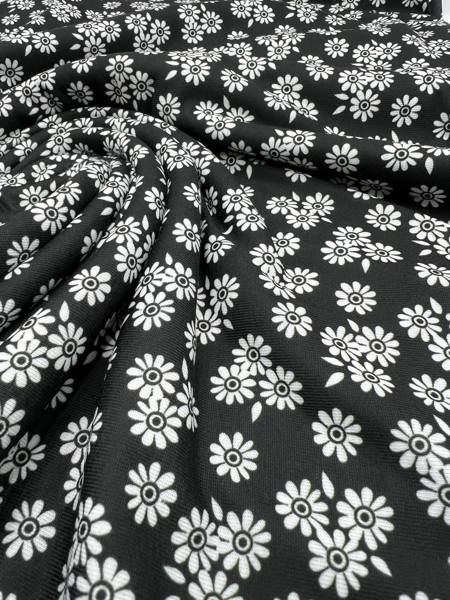 White Flower Print Spun Poly Stretch Fabric - T9 Fabrics