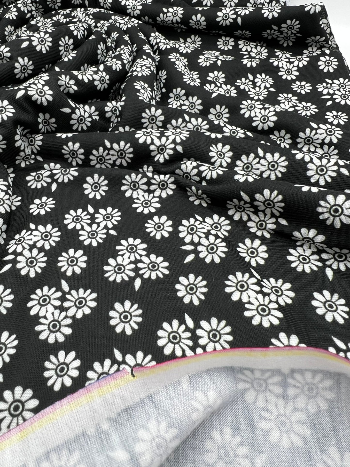 White Flower Print Spun Poly Stretch Fabric - T9 Fabrics