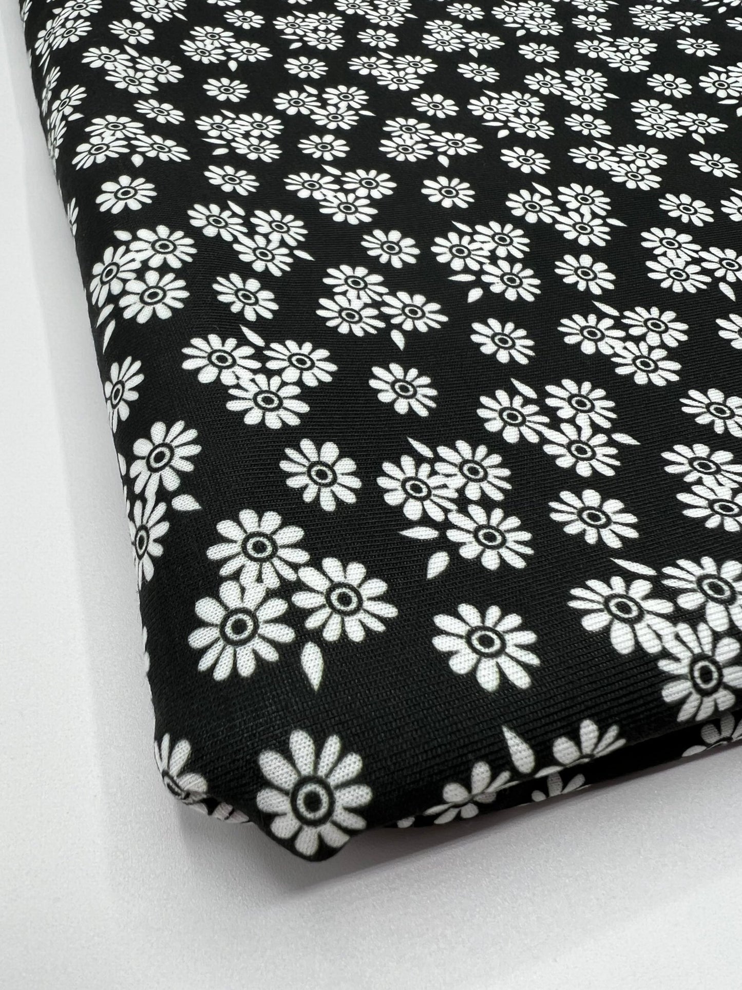 White Flower Print Spun Poly Stretch Fabric - T9 Fabrics
