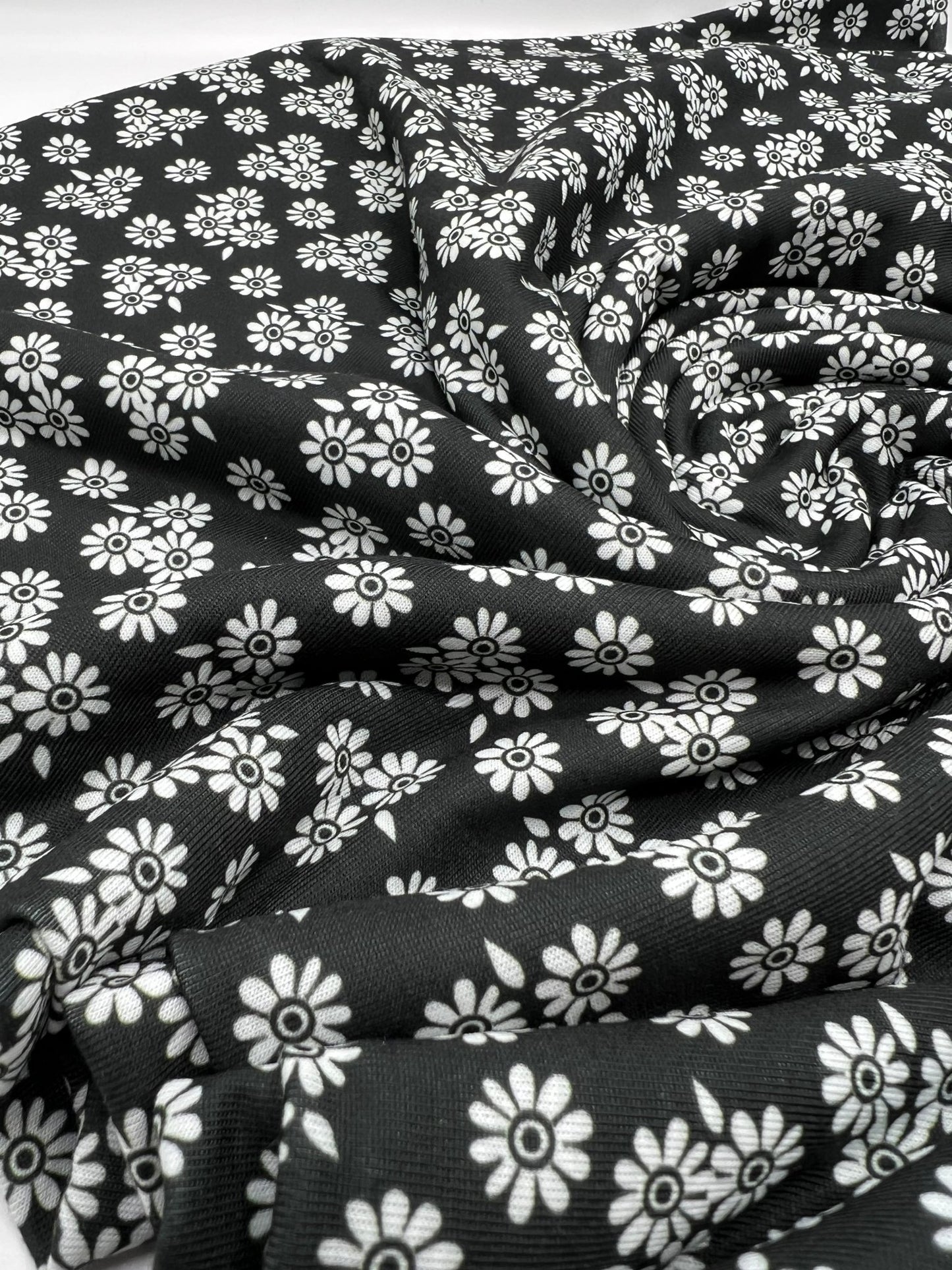 White Flower Print Spun Poly Stretch Fabric - T9 Fabrics