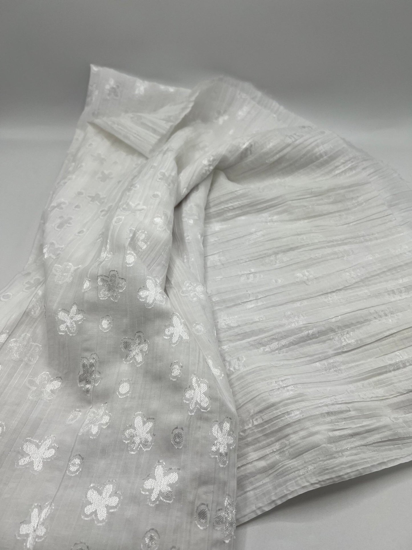 White Shiny Floral Crinkled Lightweight Non Stretch Woven Fabric - T9 Fabrics