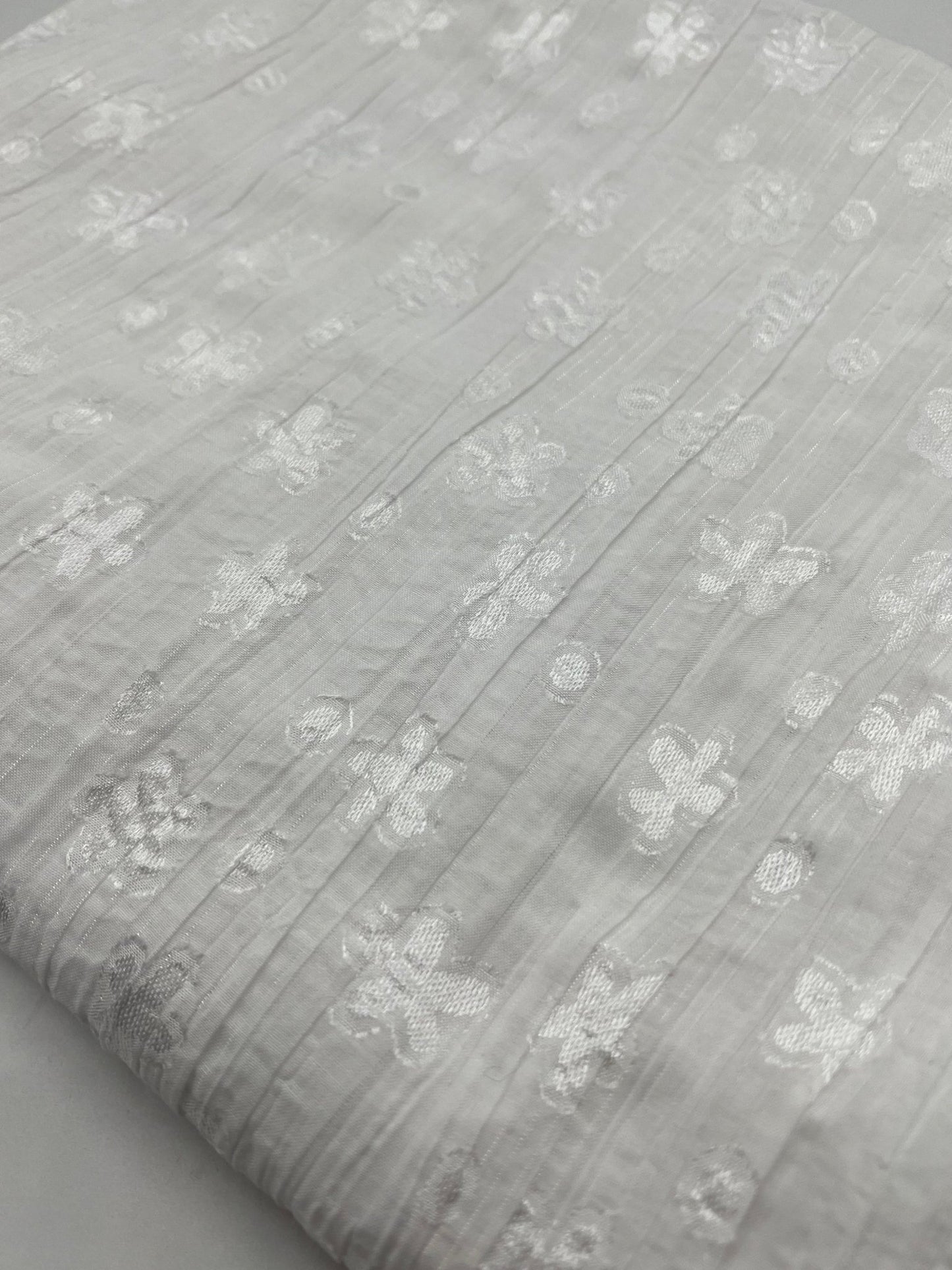 White Shiny Floral Crinkled Lightweight Non Stretch Woven Fabric - T9 Fabrics