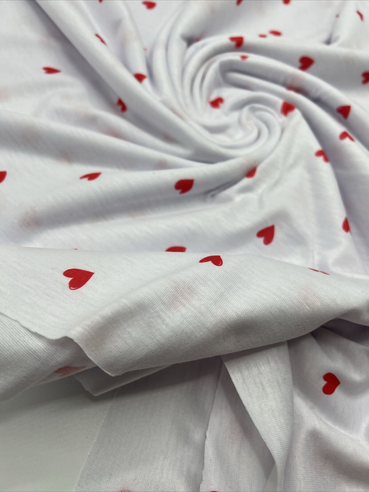 White Small Heart Print Spun Poly Stretch Fabric - T9 Fabrics