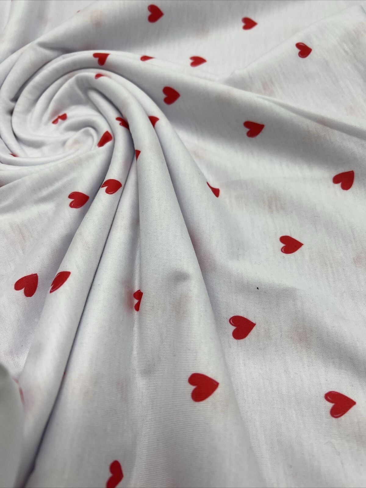 White Small Heart Print Spun Poly Stretch Fabric - T9 Fabrics