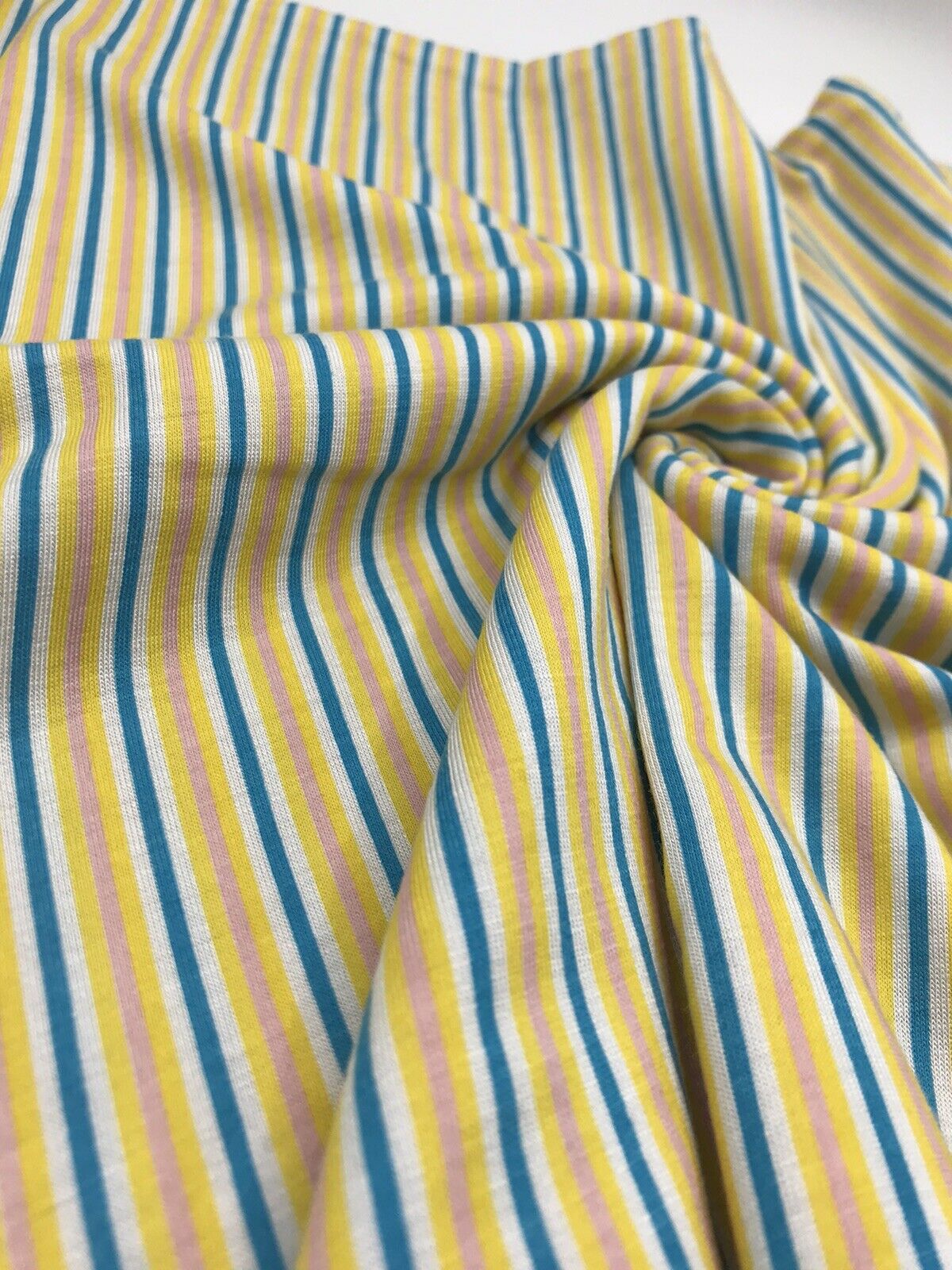 Yellow, Blue & Pink Vertical Stripe Print Viscose Elastane Fabric - T9 Fabrics
