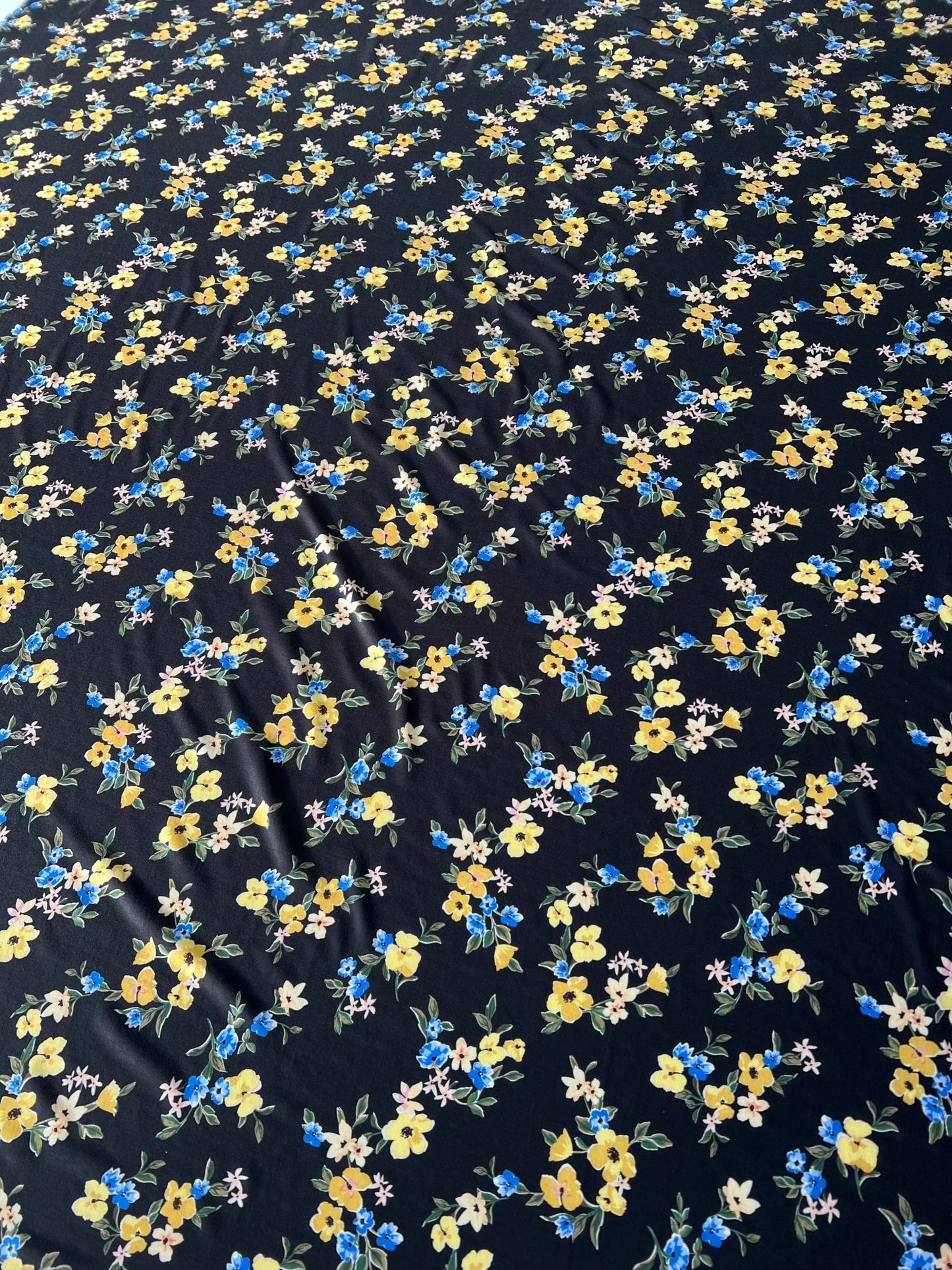 Yellow Floral Blooms Print Viscose Elastane 4 Way Stretch Fabric - T9 Fabrics