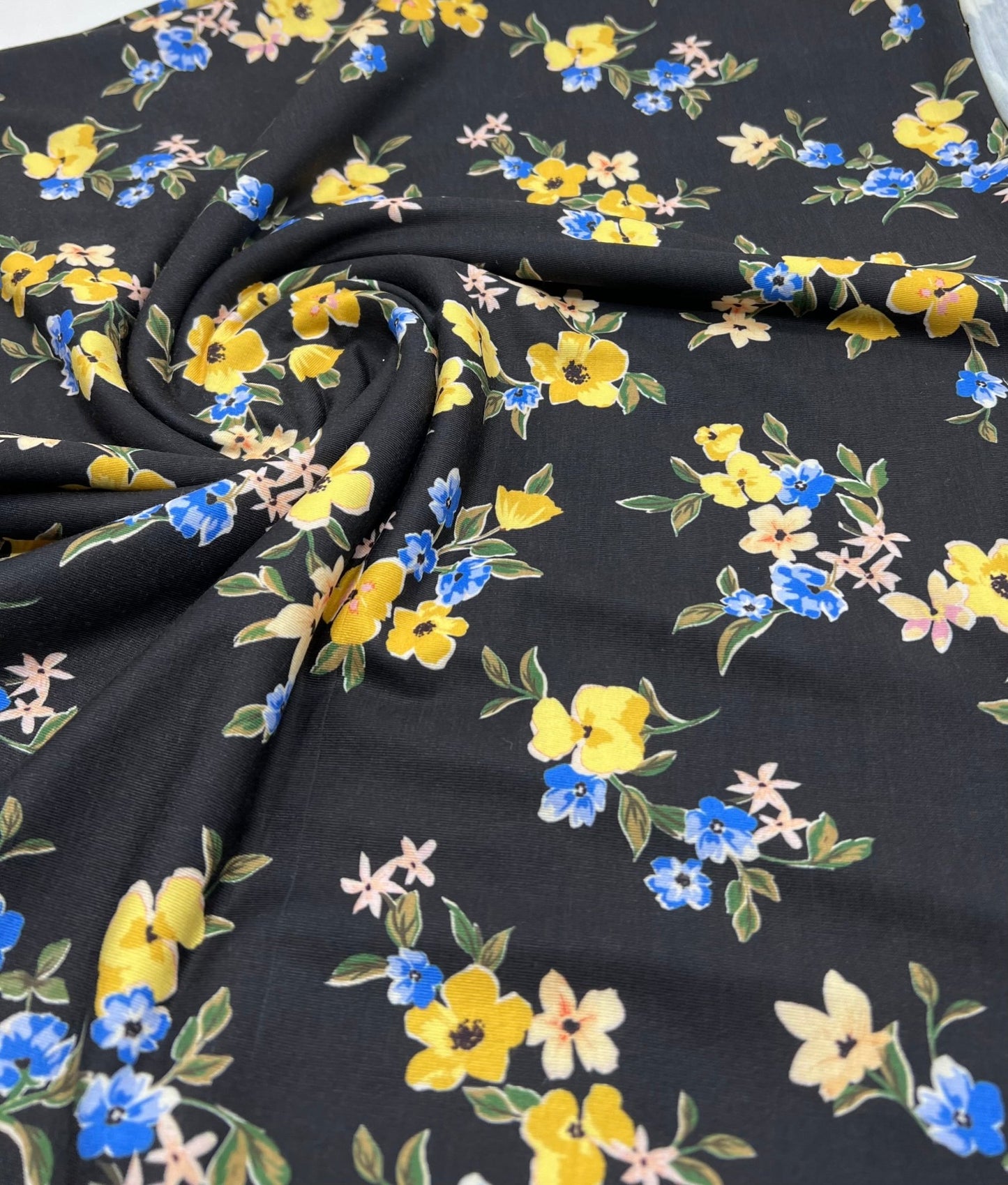 Yellow Floral Blooms Print Viscose Elastane 4 Way Stretch Fabric - T9 Fabrics