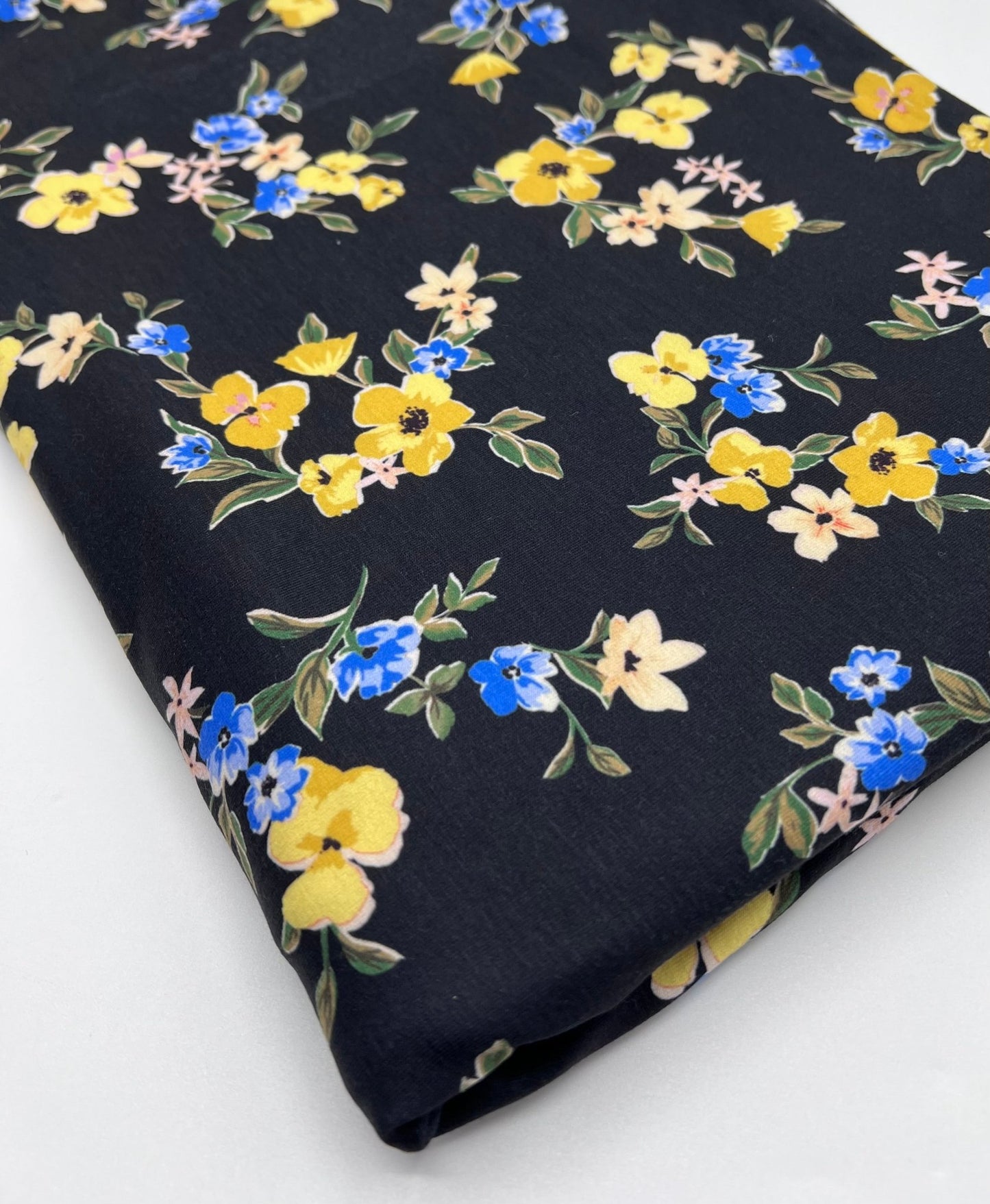 Yellow Floral Blooms Print Viscose Elastane 4 Way Stretch Fabric - T9 Fabrics
