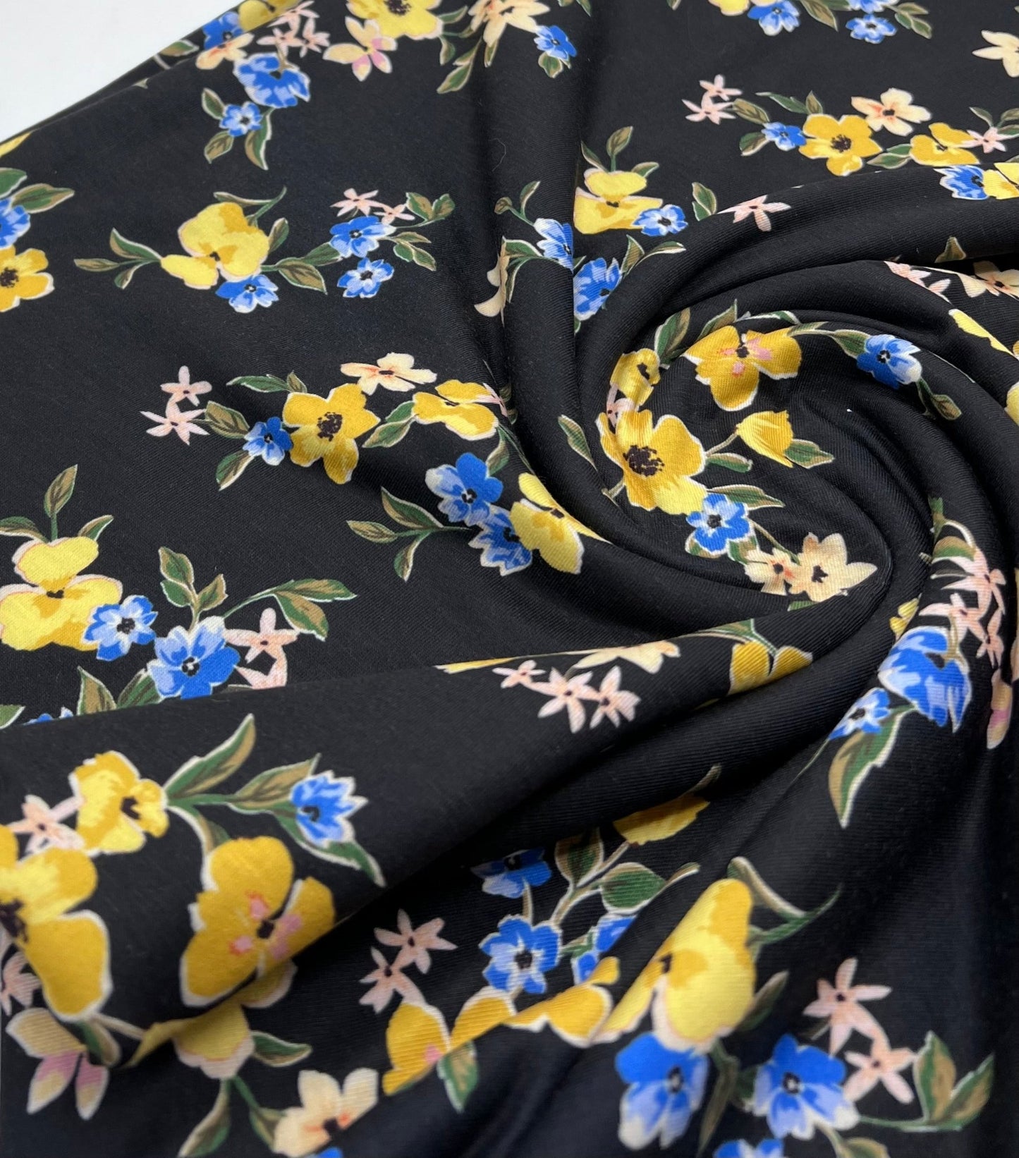 Yellow Floral Blooms Print Viscose Elastane 4 Way Stretch Fabric - T9 Fabrics