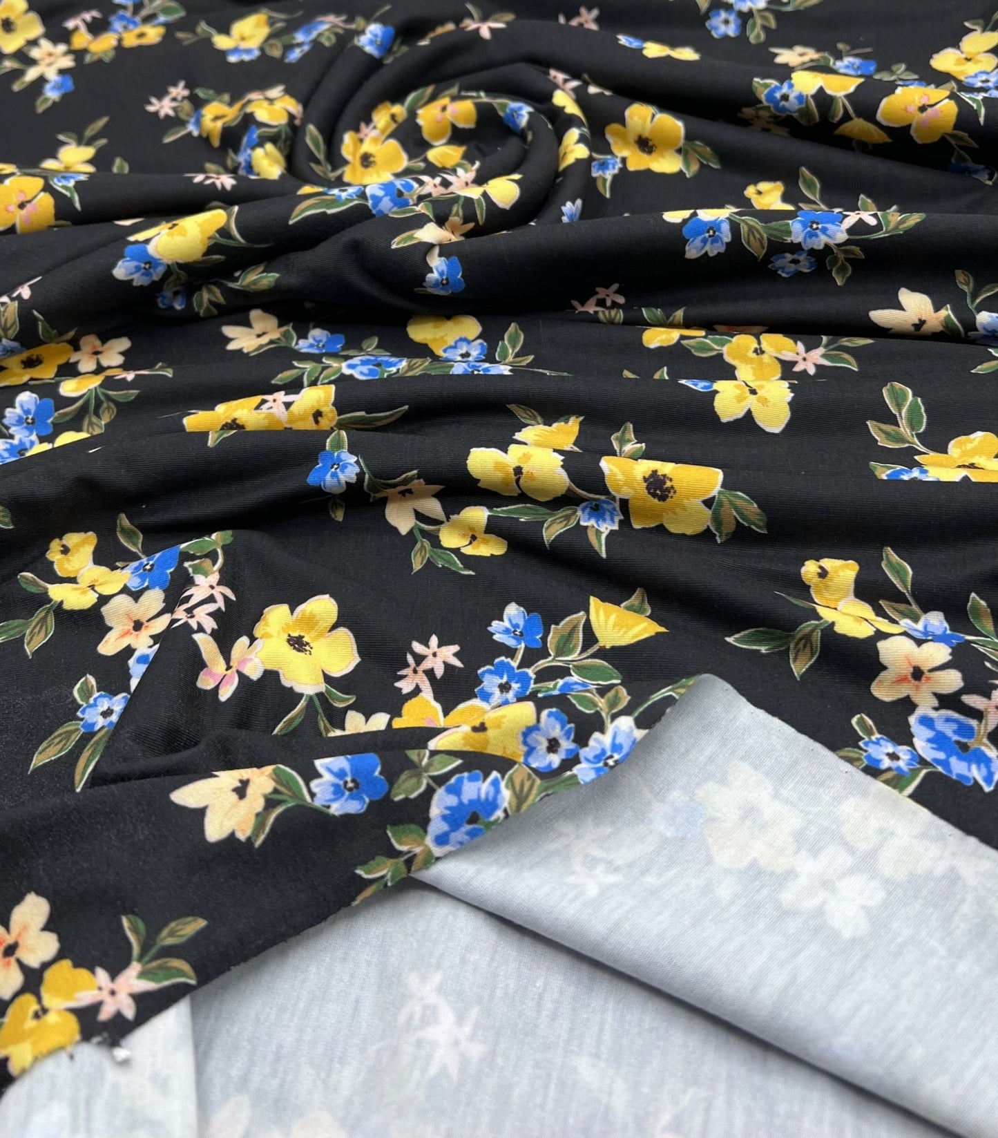Yellow Floral Blooms Print Viscose Elastane 4 Way Stretch Fabric - T9 Fabrics