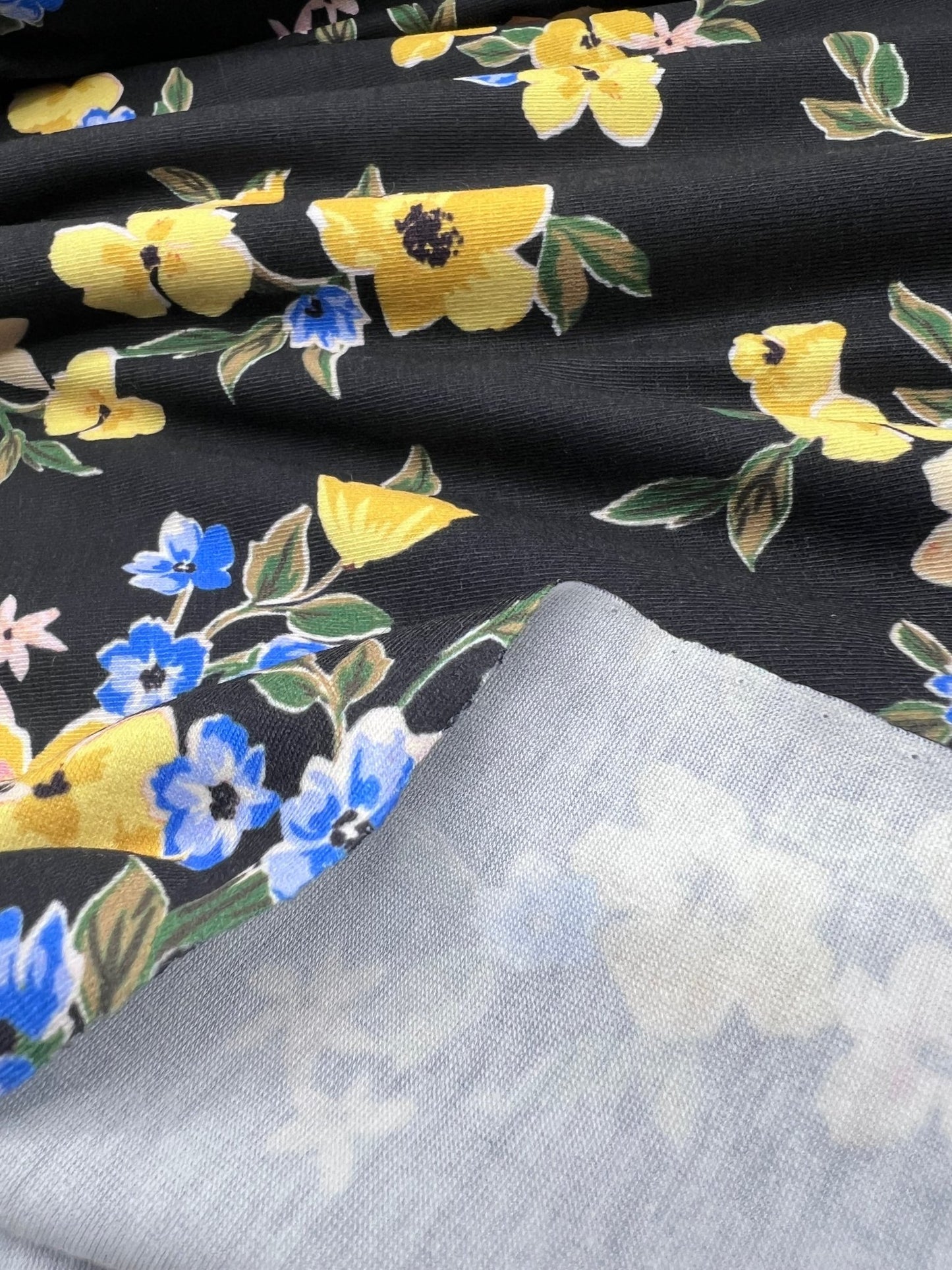 Yellow Floral Blooms Print Viscose Elastane 4 Way Stretch Fabric - T9 Fabrics
