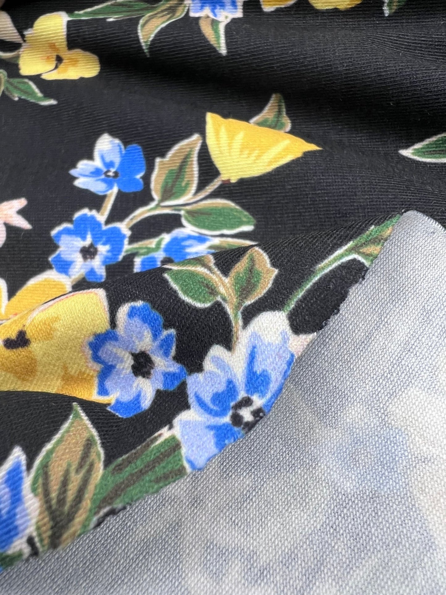 Yellow Floral Blooms Print Viscose Elastane 4 Way Stretch Fabric - T9 Fabrics