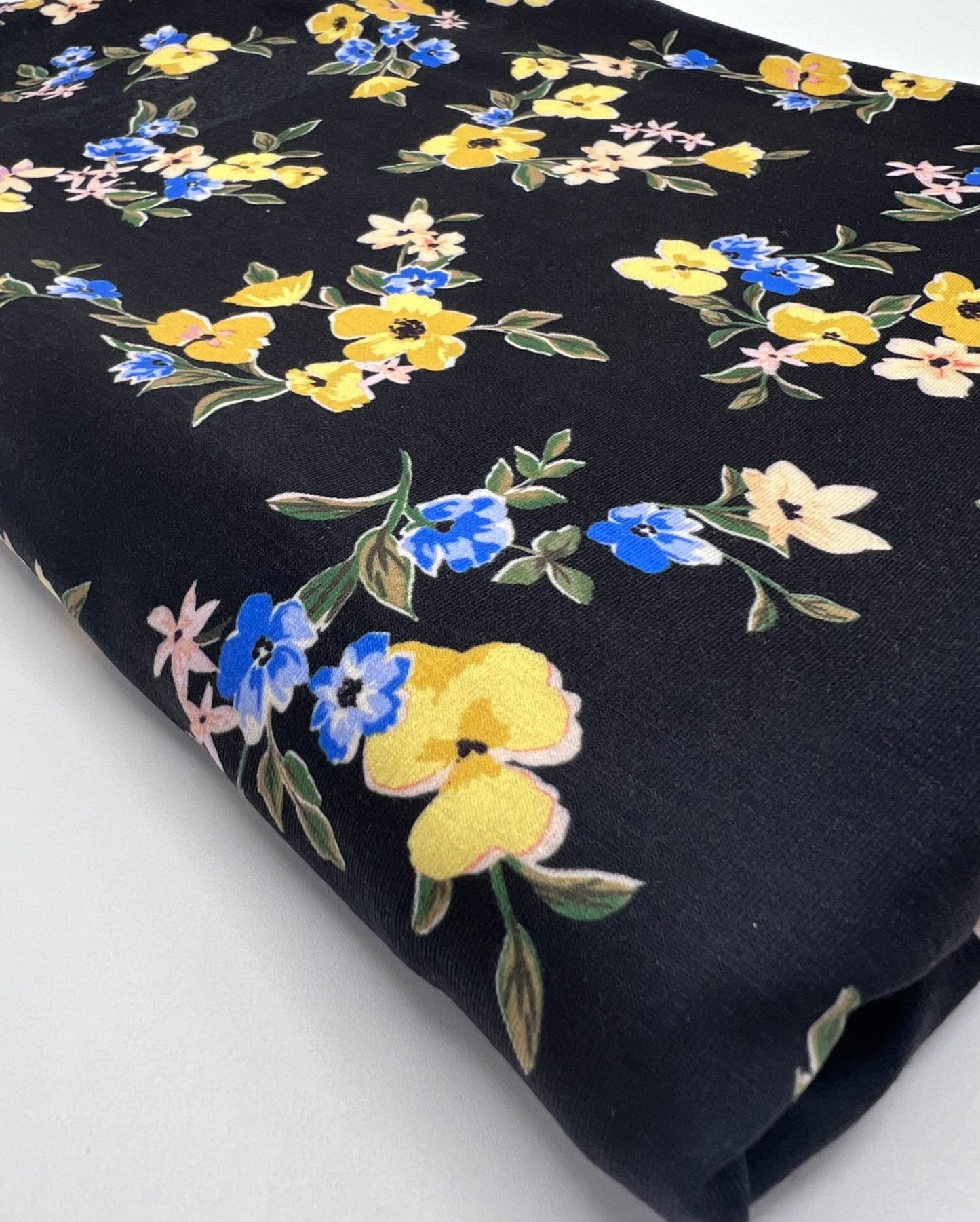 Yellow Floral Blooms Print Viscose Elastane 4 Way Stretch Fabric - T9 Fabrics