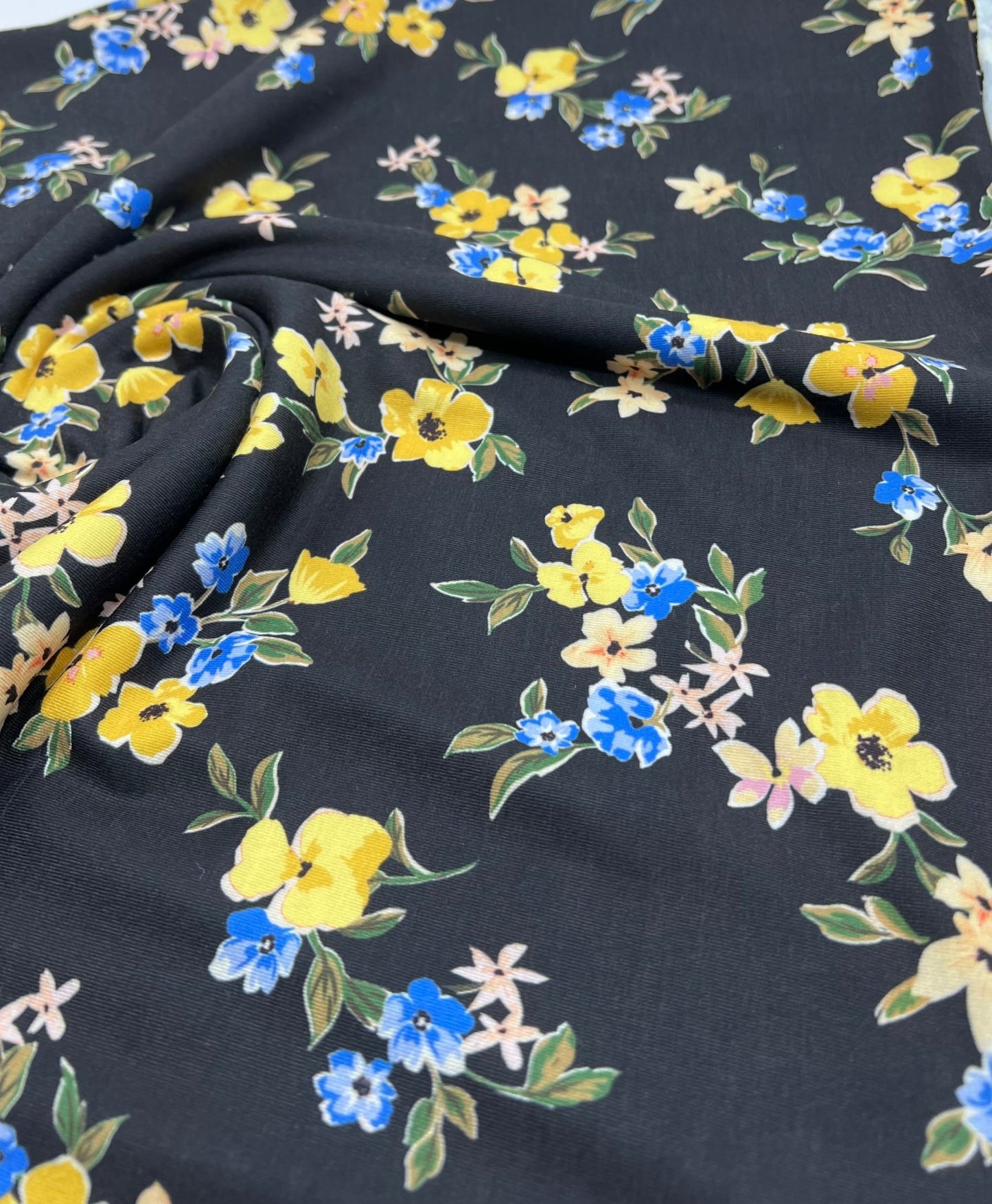 Yellow Floral Blooms Print Viscose Elastane 4 Way Stretch Fabric - T9 Fabrics