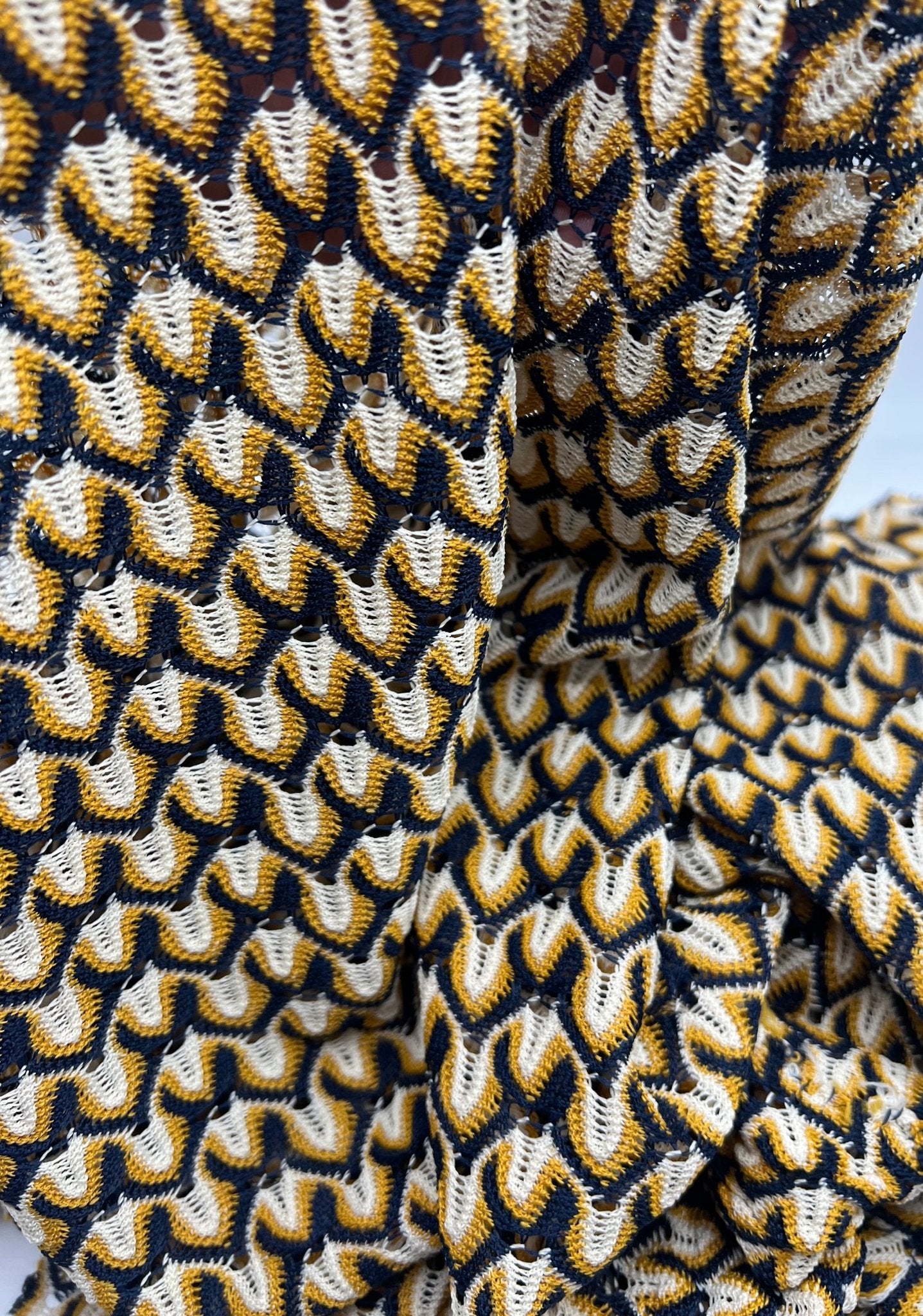 Yellow Navy Mix Knitted Lace 2 Way Stretch Fabric - T9 Fabrics