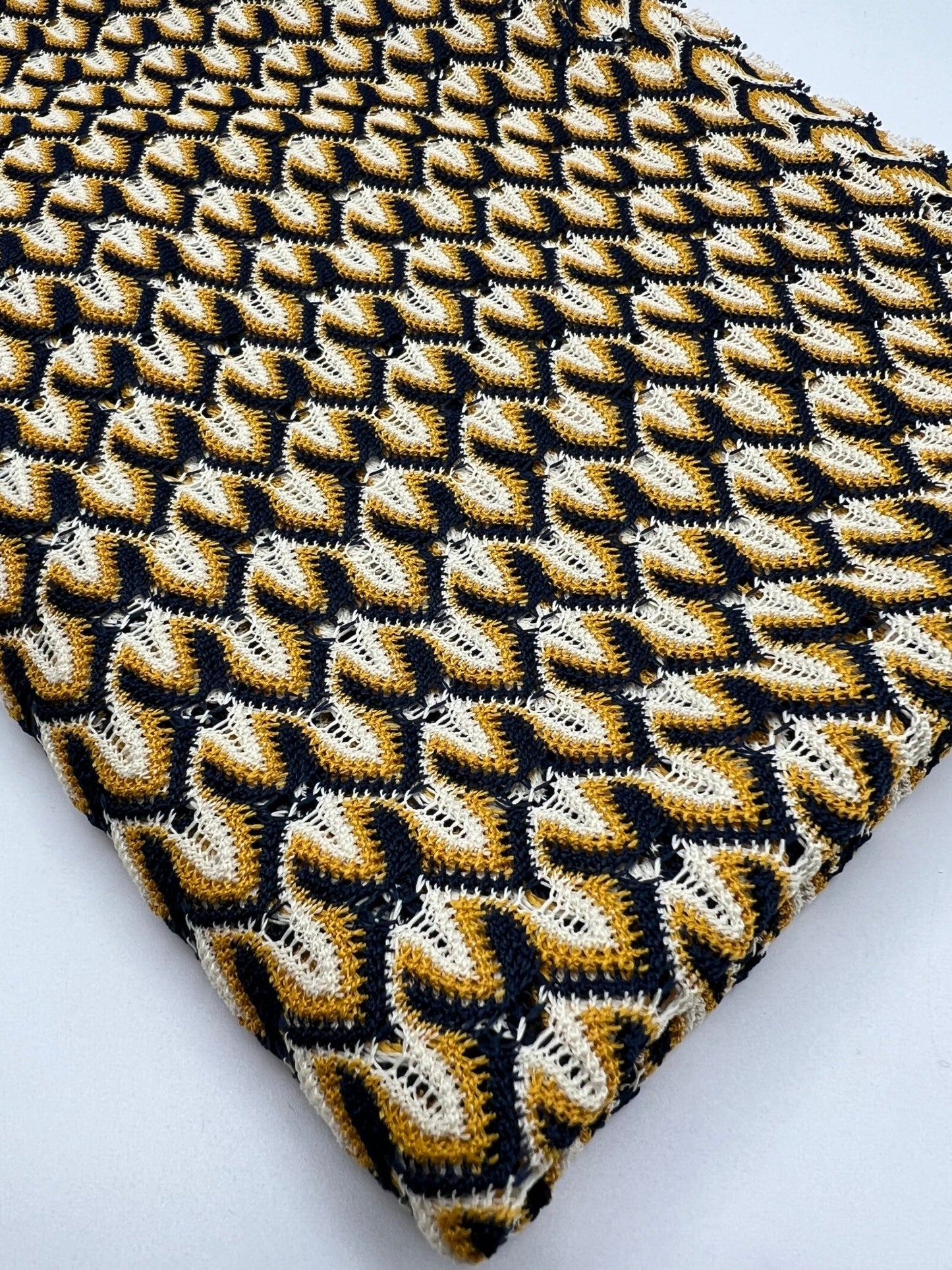 Yellow Navy Mix Knitted Lace 2 Way Stretch Fabric - T9 Fabrics