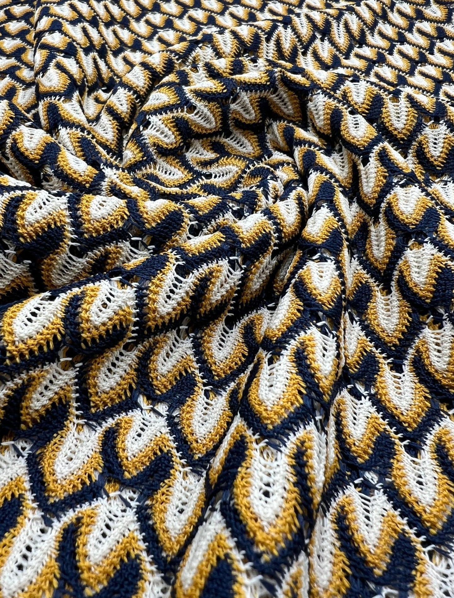 Yellow Navy Mix Knitted Lace 2 Way Stretch Fabric - T9 Fabrics