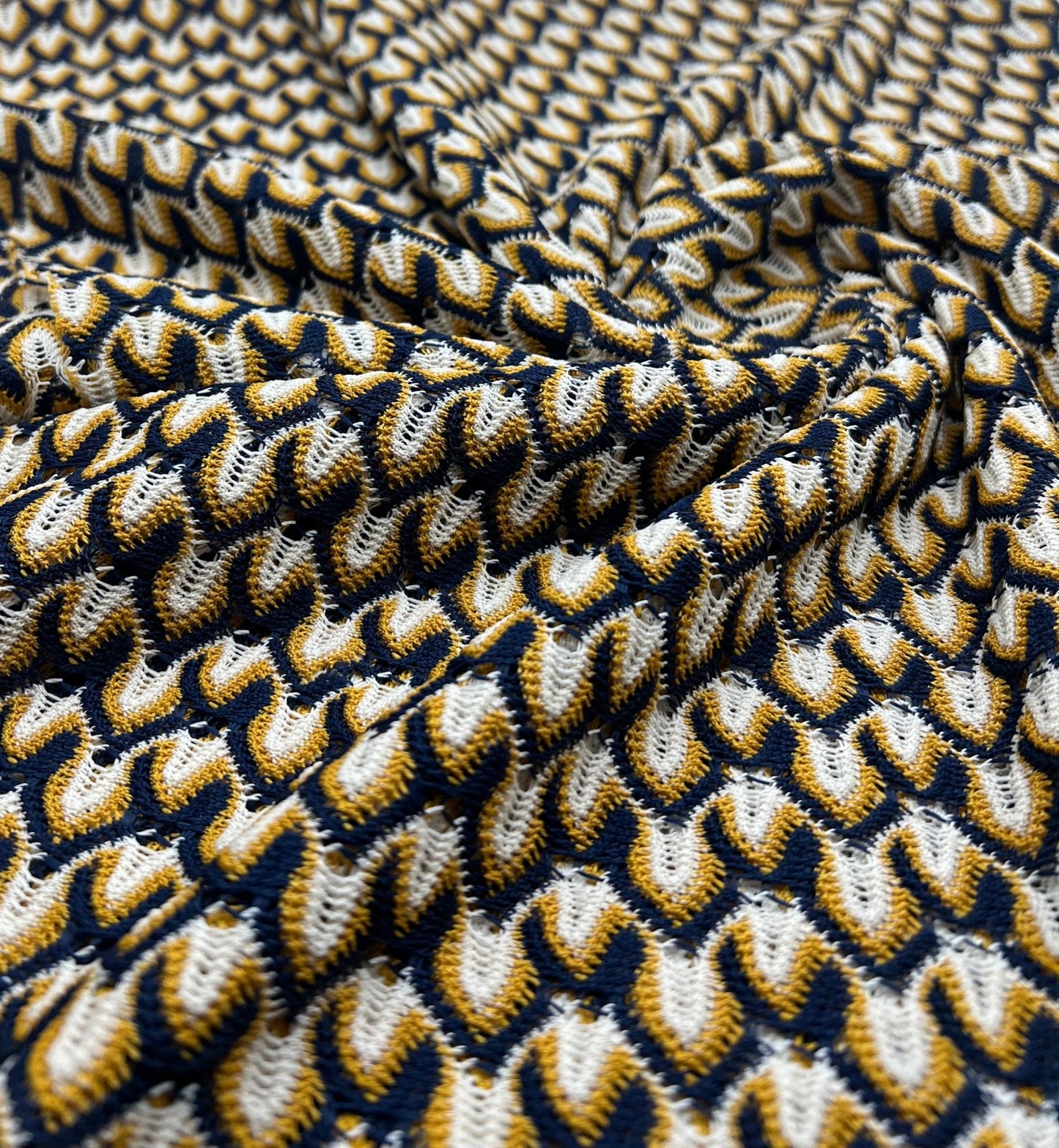Yellow Navy Mix Knitted Lace 2 Way Stretch Fabric - T9 Fabrics