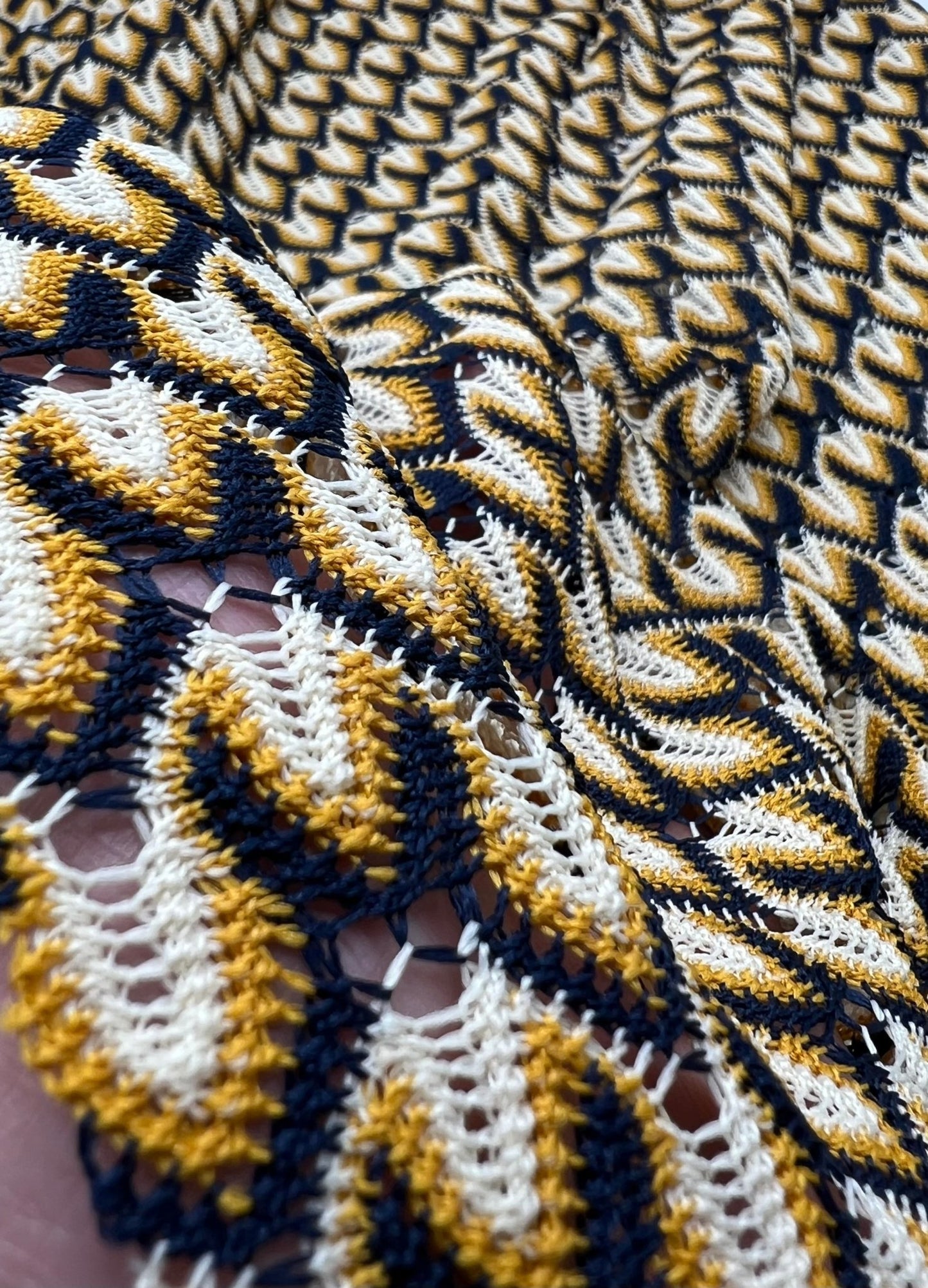 Yellow Navy Mix Knitted Lace 2 Way Stretch Fabric - T9 Fabrics