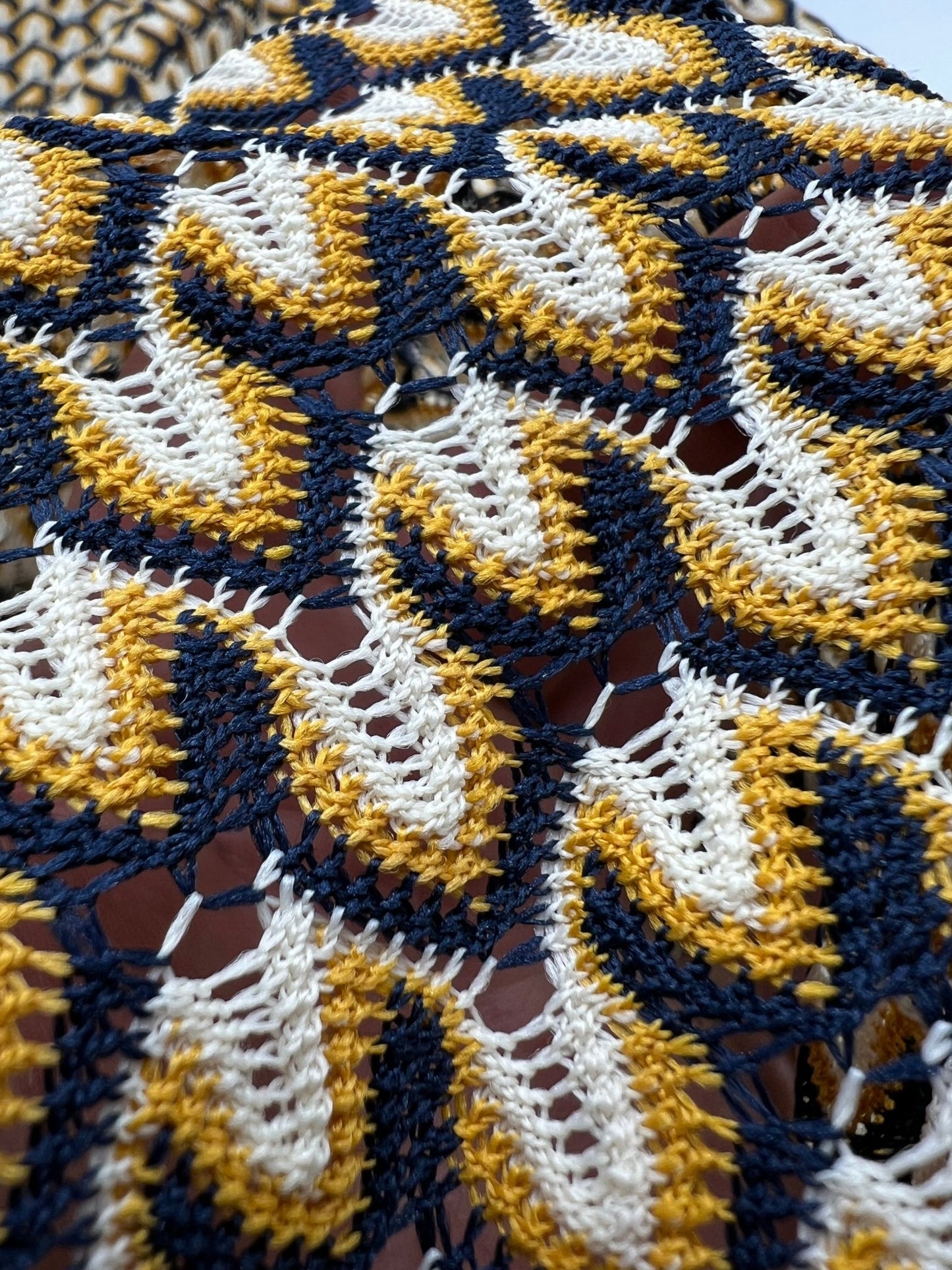 Yellow Navy Mix Knitted Lace 2 Way Stretch Fabric - T9 Fabrics