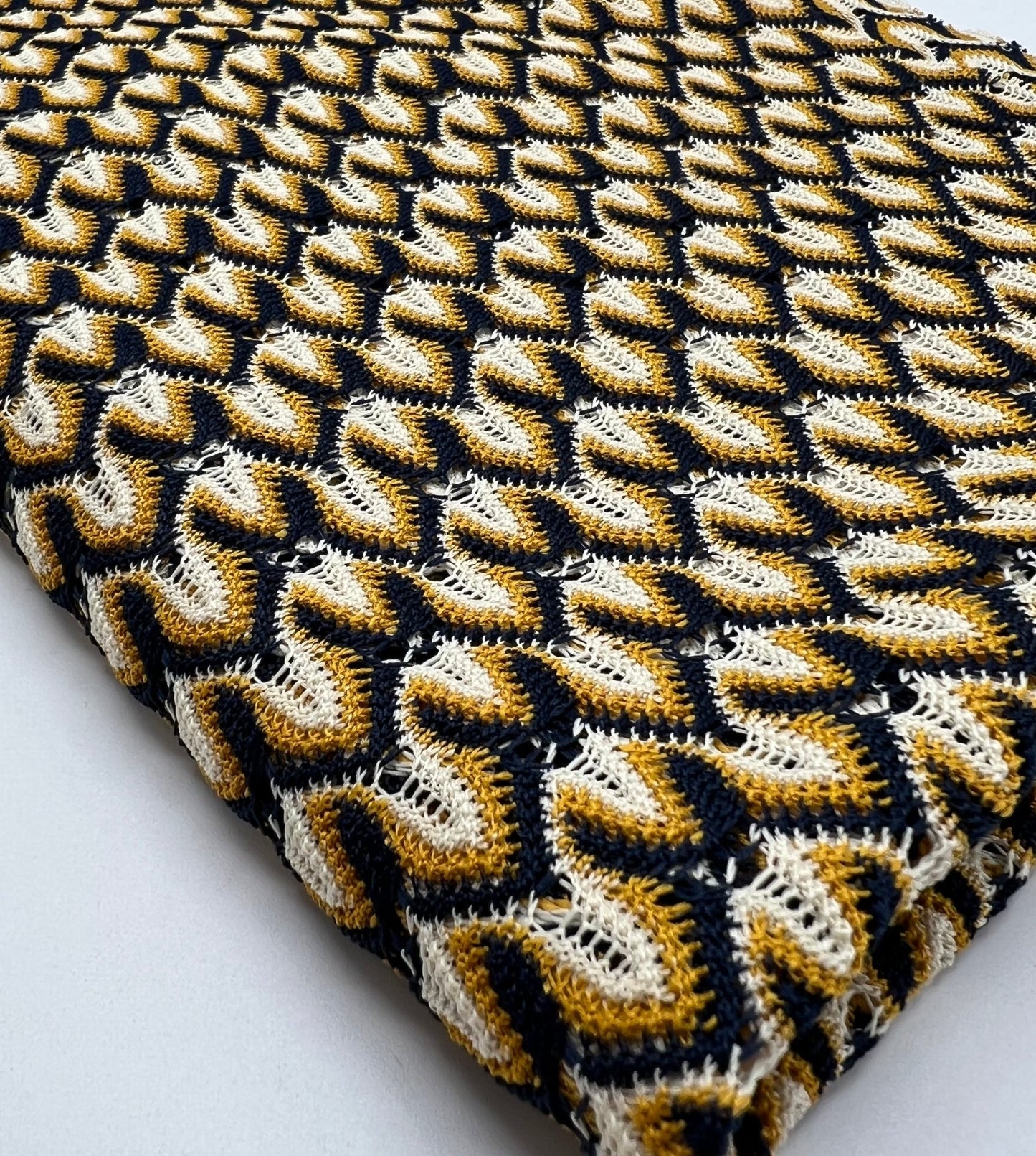 Yellow Navy Mix Knitted Lace 2 Way Stretch Fabric - T9 Fabrics