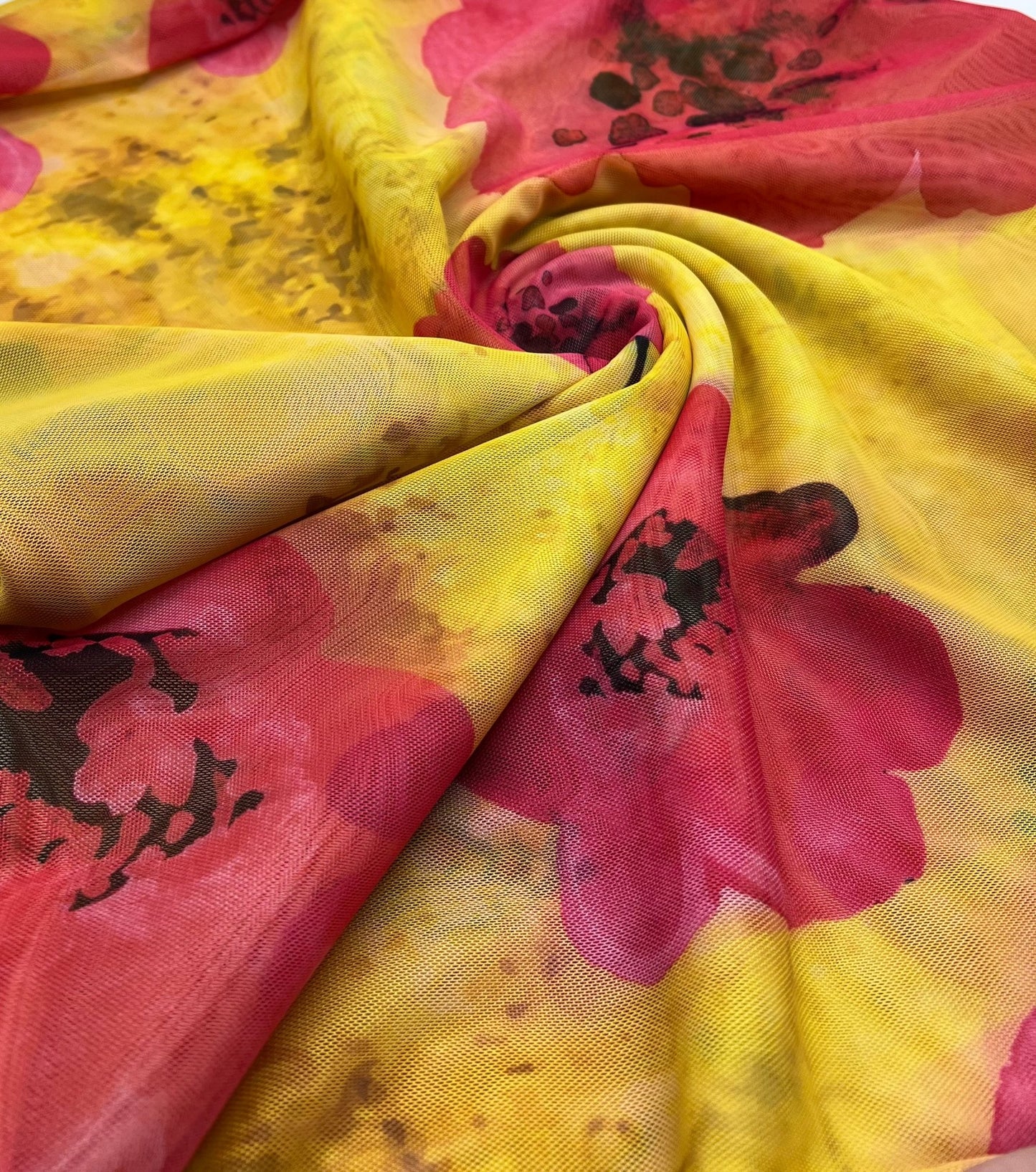 Yellow Pink Floral Mesh Fabric Stretch - T9 Fabrics