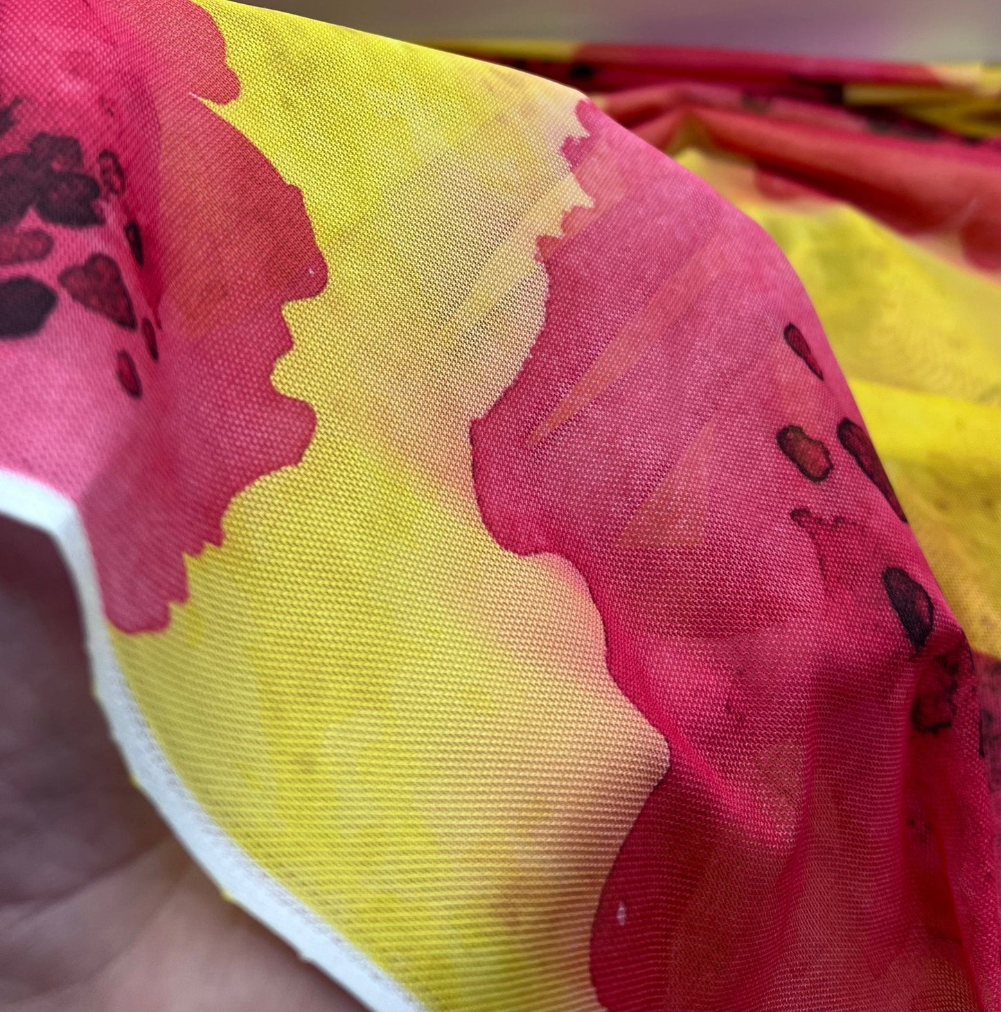 Yellow Pink Floral Mesh Fabric Stretch - T9 Fabrics