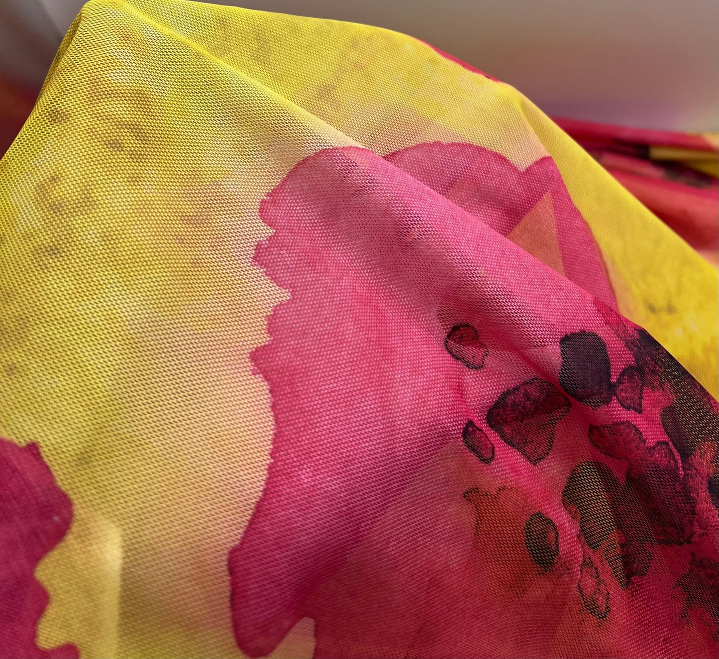 Yellow Pink Floral Mesh Fabric Stretch - T9 Fabrics
