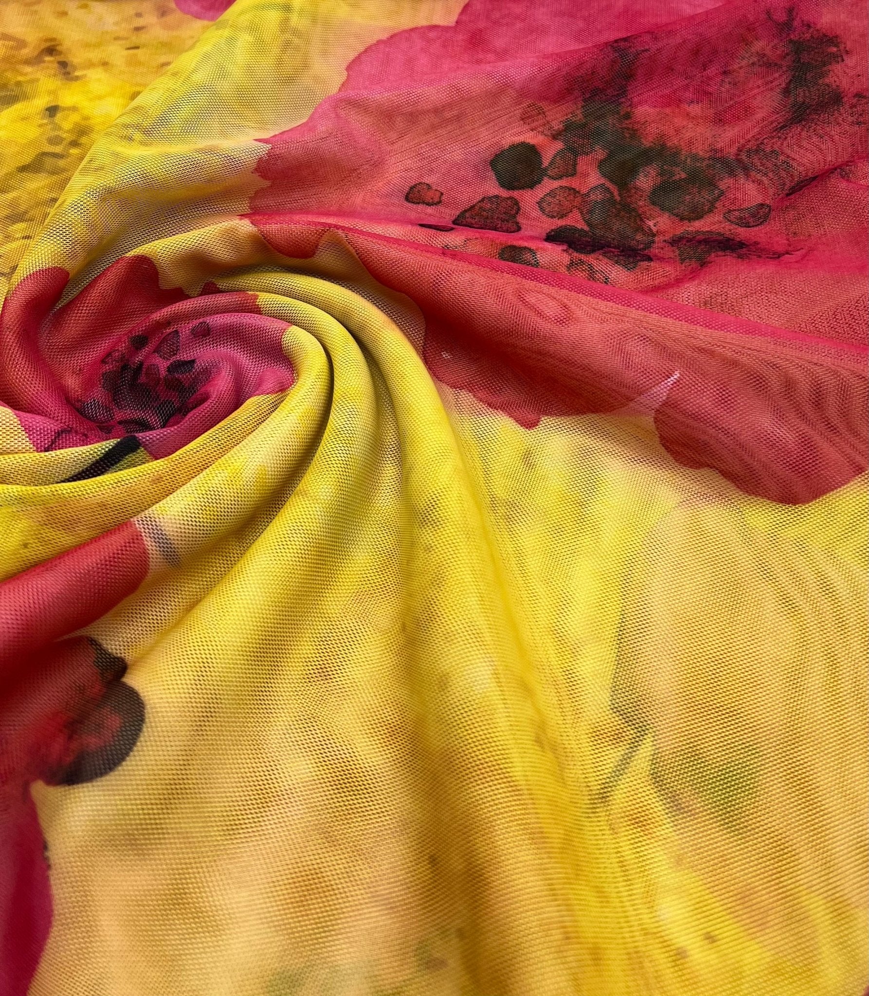 Yellow Pink Floral Mesh Fabric Stretch - T9 Fabrics