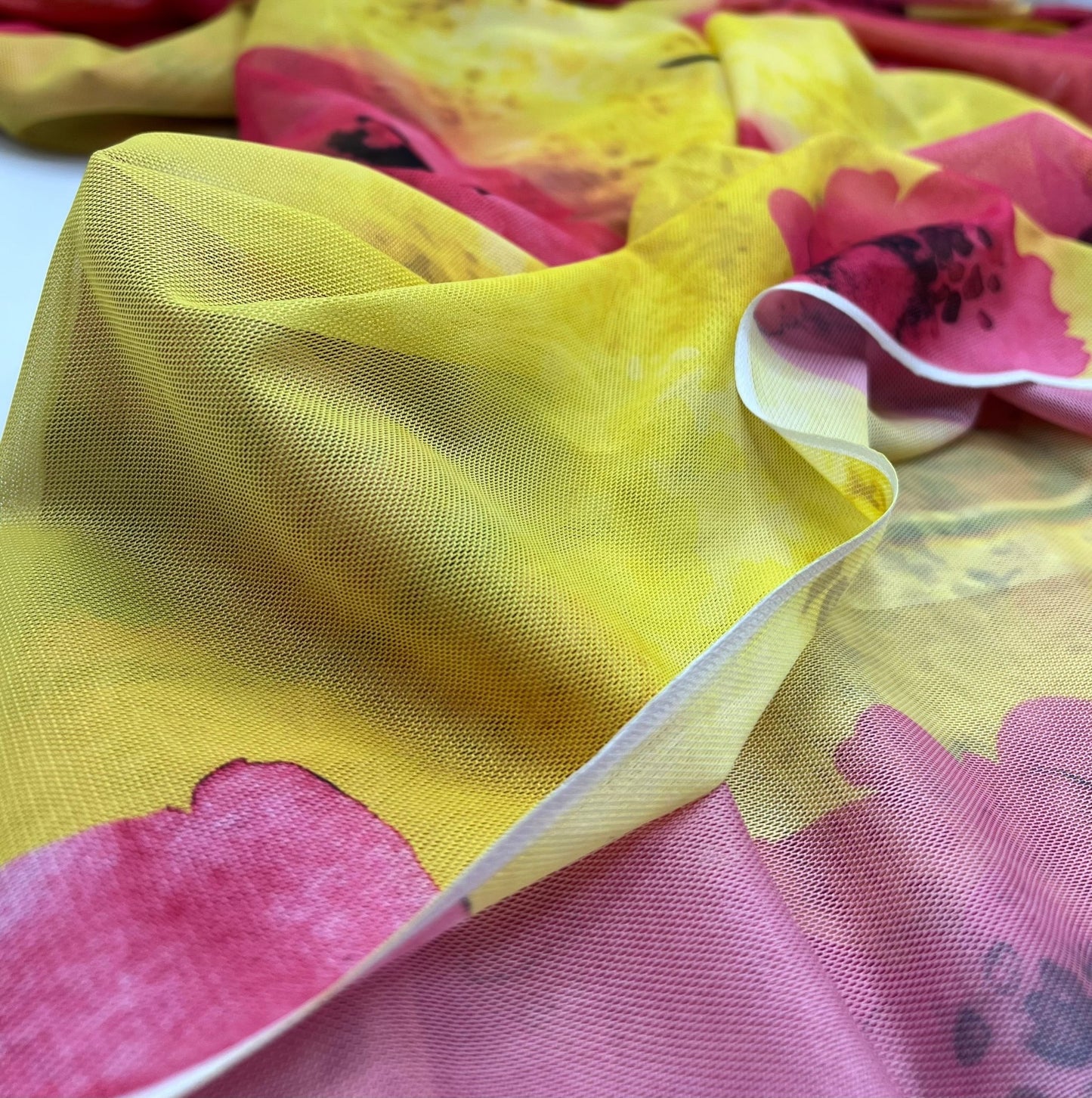 Yellow Pink Floral Mesh Fabric Stretch - T9 Fabrics