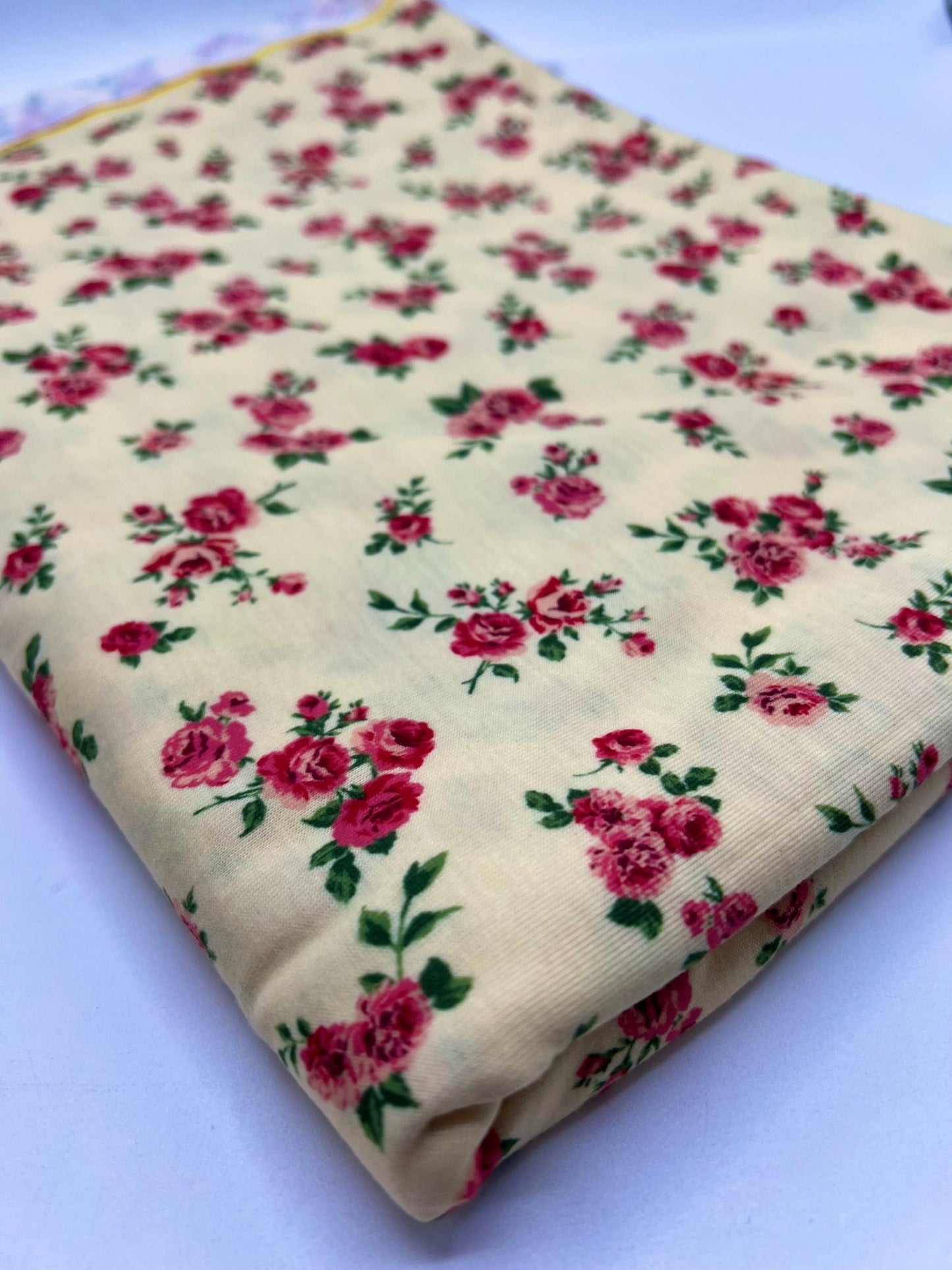 Yellow Rose Ditsy Floral Print Soft Spun Poly Stretch Fabric - T9 Fabrics