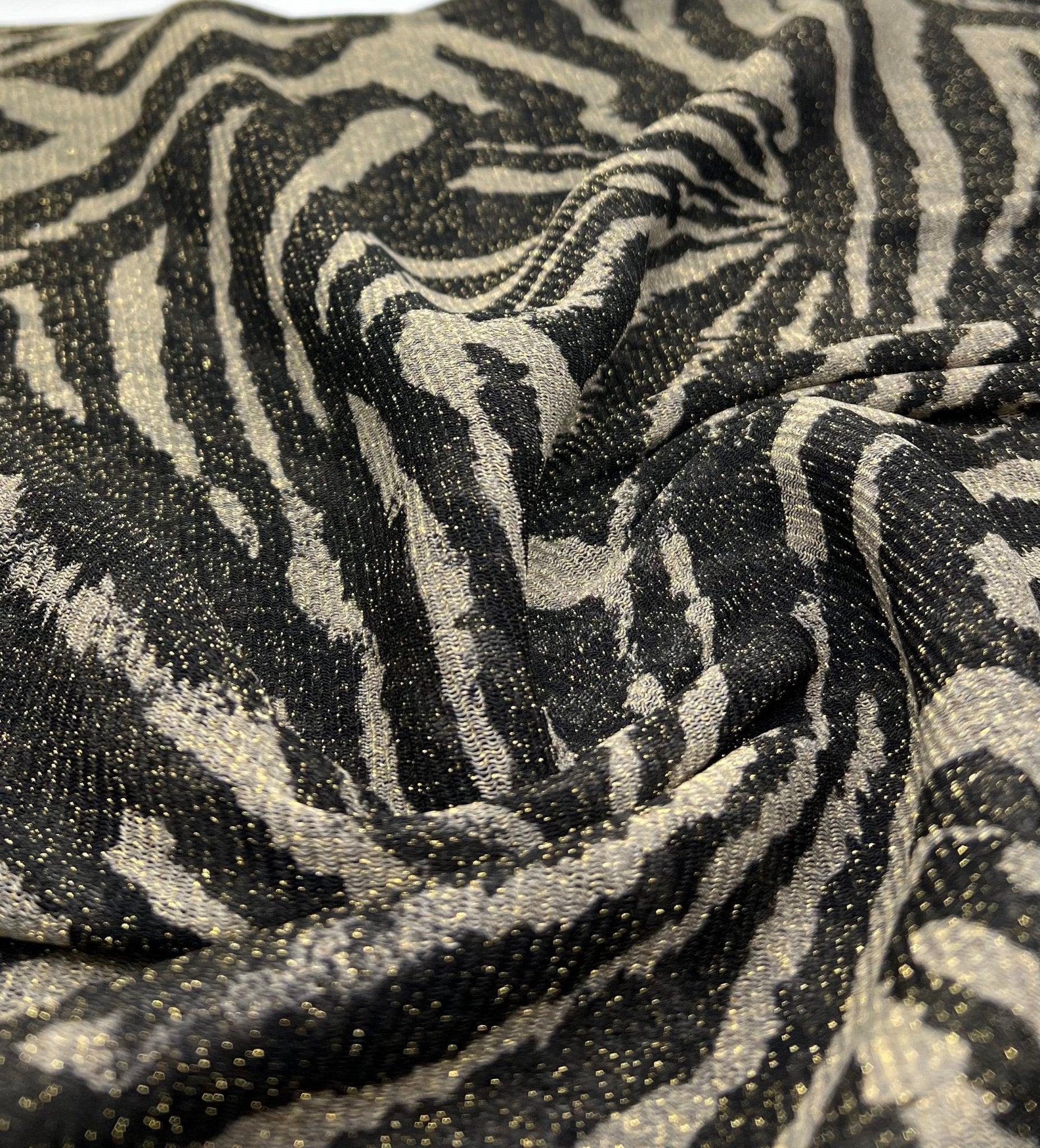 Zebra Gold Shimmer Shiny Print Mesh Fabric 2 Way Stretch - T9 Fabrics