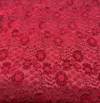 Burgundy Embossed Textured Scalloped Edge Floral Lace Fabric Stretch