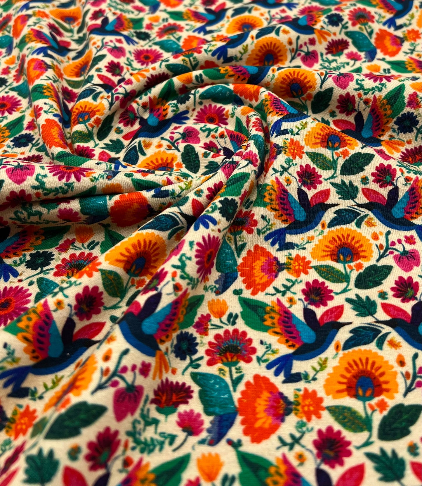 Folk Art Birds Print Cotton Stretch Jersey 200 GSM 95/5 Lycra 4 Way Stretch