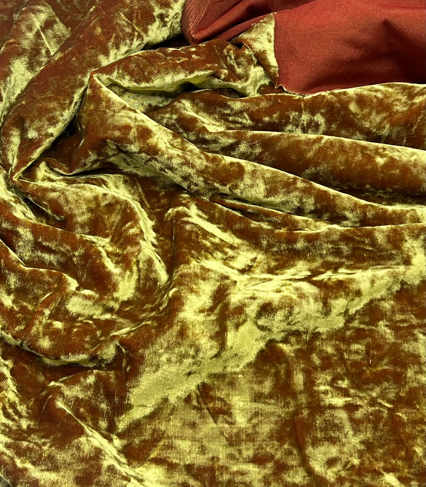 Lime Green Rust Two Tone Crushed Velour Spandex Stretch Fabric