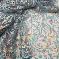 Blue Baby Pink Beige Floral Embroidered Tulle Lace Fabric