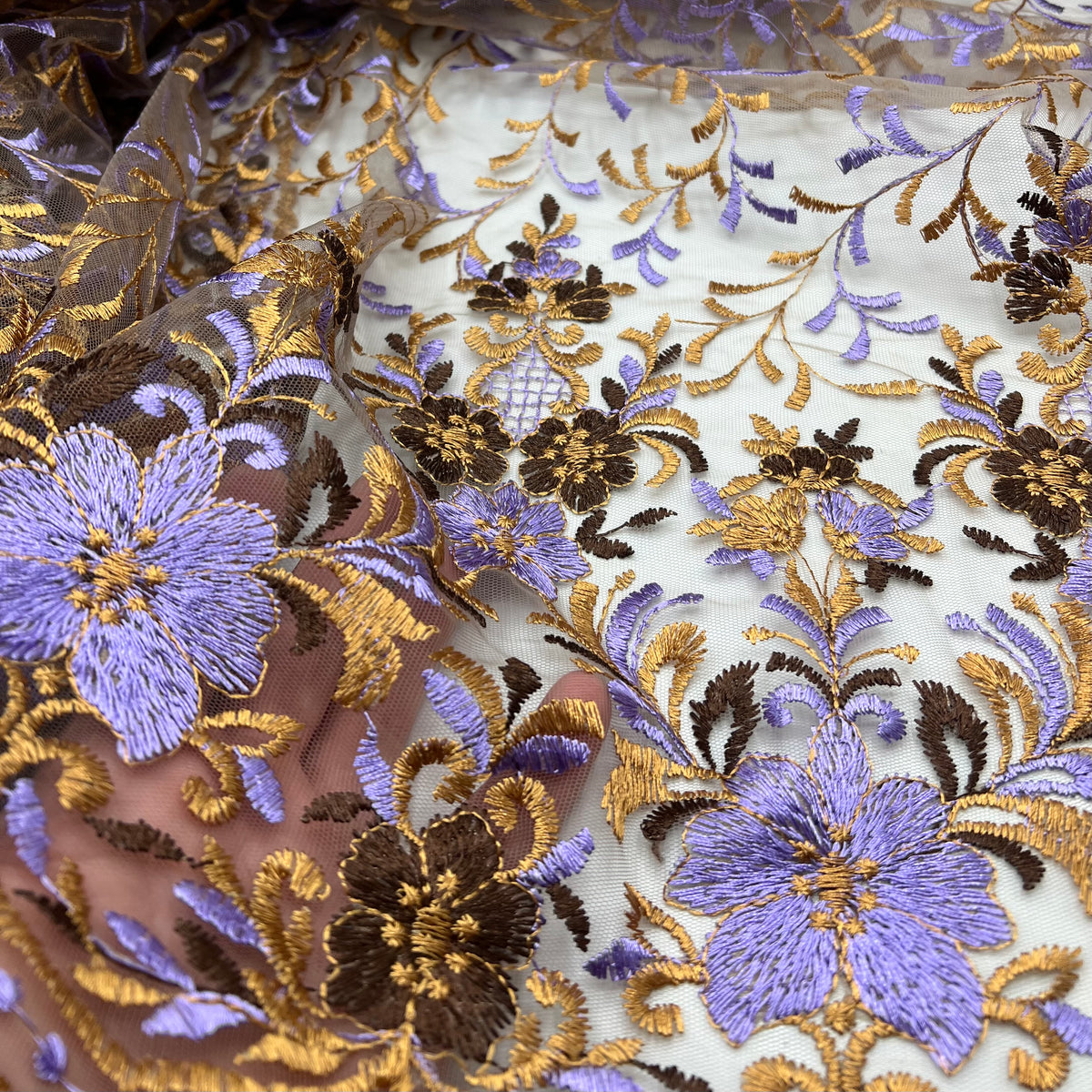 Gold Brown Lilac Floral Embroidered Tulle Lace Fabric