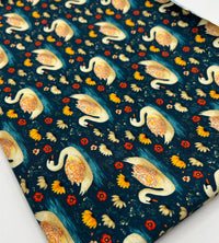 Folk Art Swans Print Cotton Stretch Jersey 200 GSM 95/5 Lycra 4 Way Stretch
