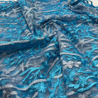 Blue Silver Floral Embroidered Tulle Lace Fabric