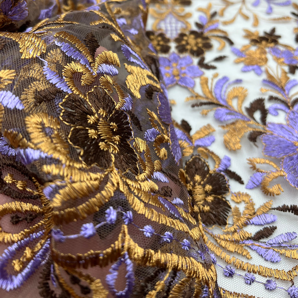 Gold Brown Lilac Floral Embroidered Tulle Lace Fabric