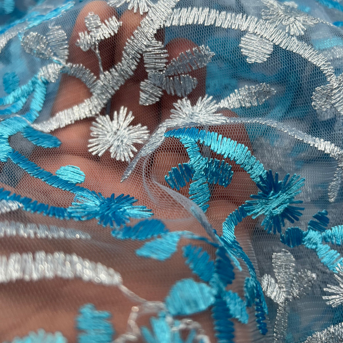 Blue Silver Floral Embroidered Tulle Lace Fabric