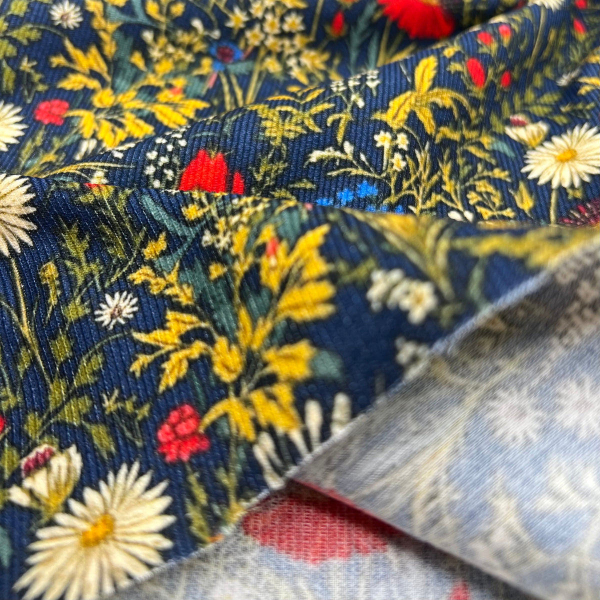 Dark Meadow Floral Print Cotton Needlecord Non Stretch Fabric