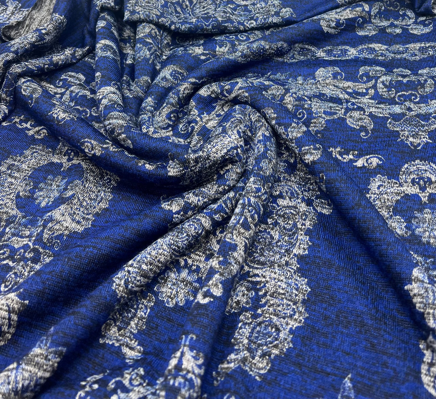 Navy Blue Floral Melange Knit Stretch Fabric