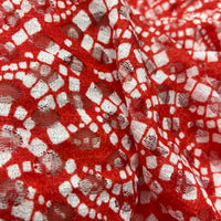 Red & White Abstract Mosaic Lace Fabric Stretch