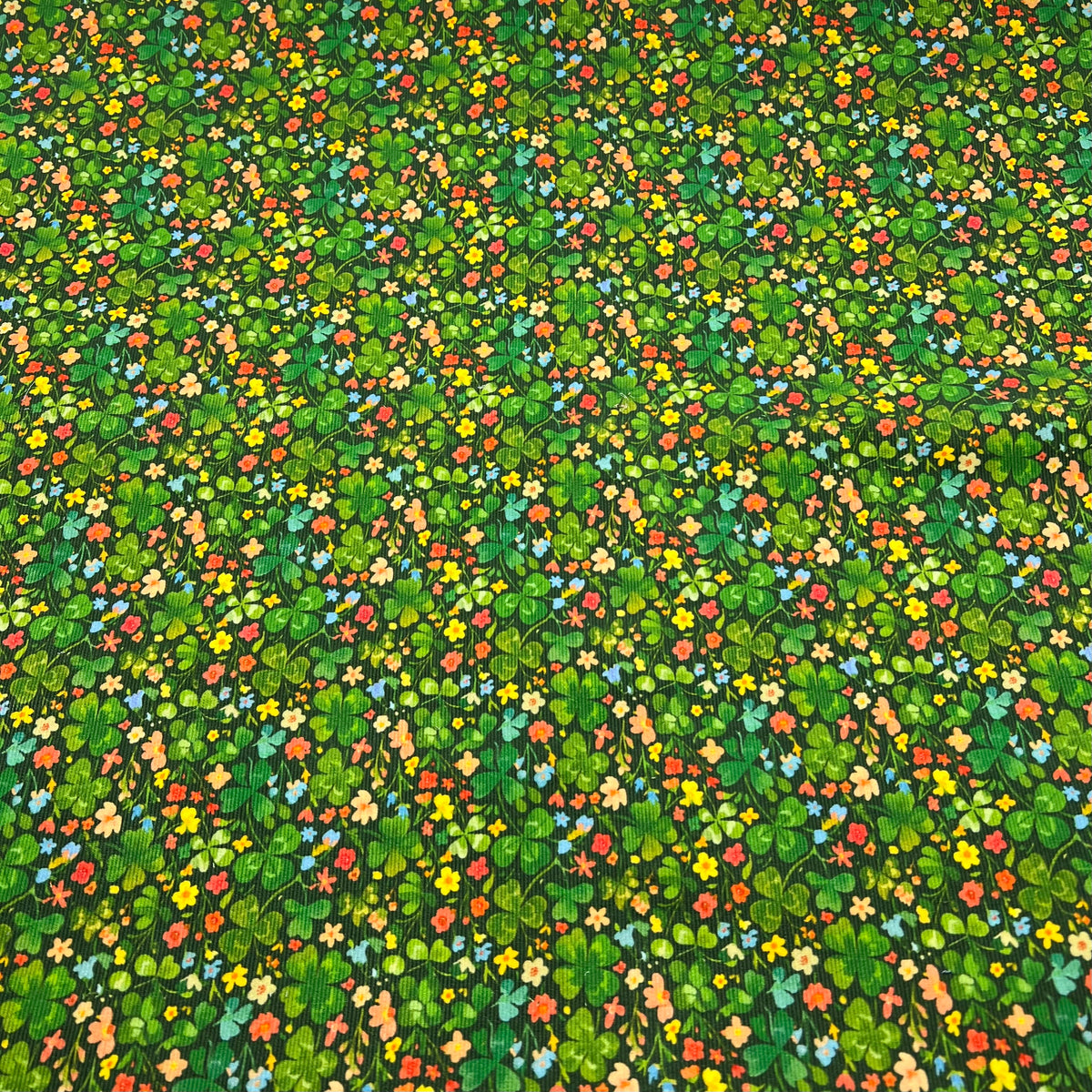 Green Clover Ditsy Floral Print Cotton Needlecord Non Stretch Fabric